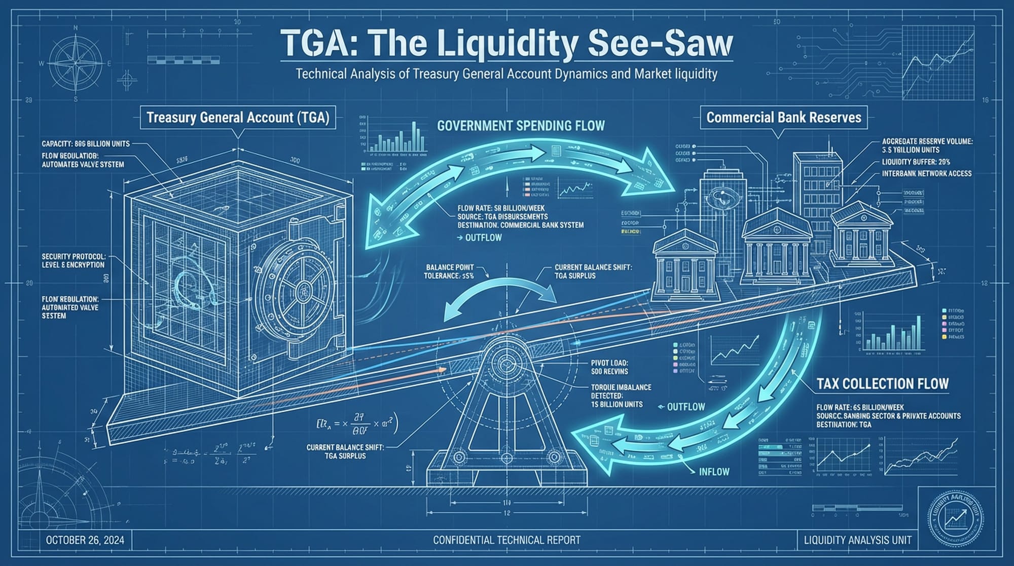 Split screen. Left: '2008 Financial Crisis' – a collapsing jigsaw puzzle of financial institutions (Lehman, MMFs), with Fed hands inserting emergency supports. Right: '2020 COVID-19 Pandemic' – a 'Treasury Dash for Cash' represented by a chaotic swirl, with Fed hands deploying 'Unlimited QE' and new facilities as a robust net.