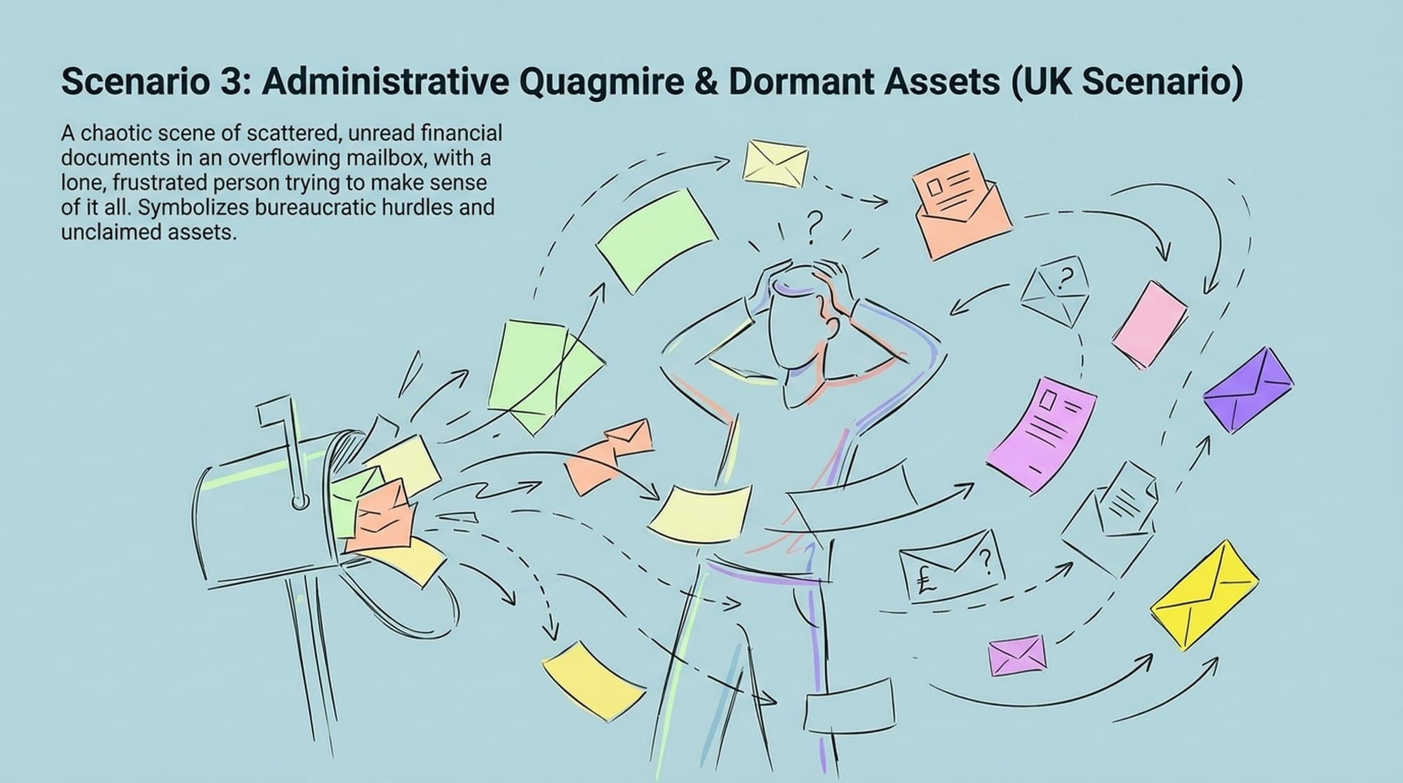 A chaotic scene of scattered, unread financial documents in an overflowing mailbox, with a lone, frustrated person trying to make sense of it all. Symbolizes bureaucratic hurdles and unclaimed assets. (English)