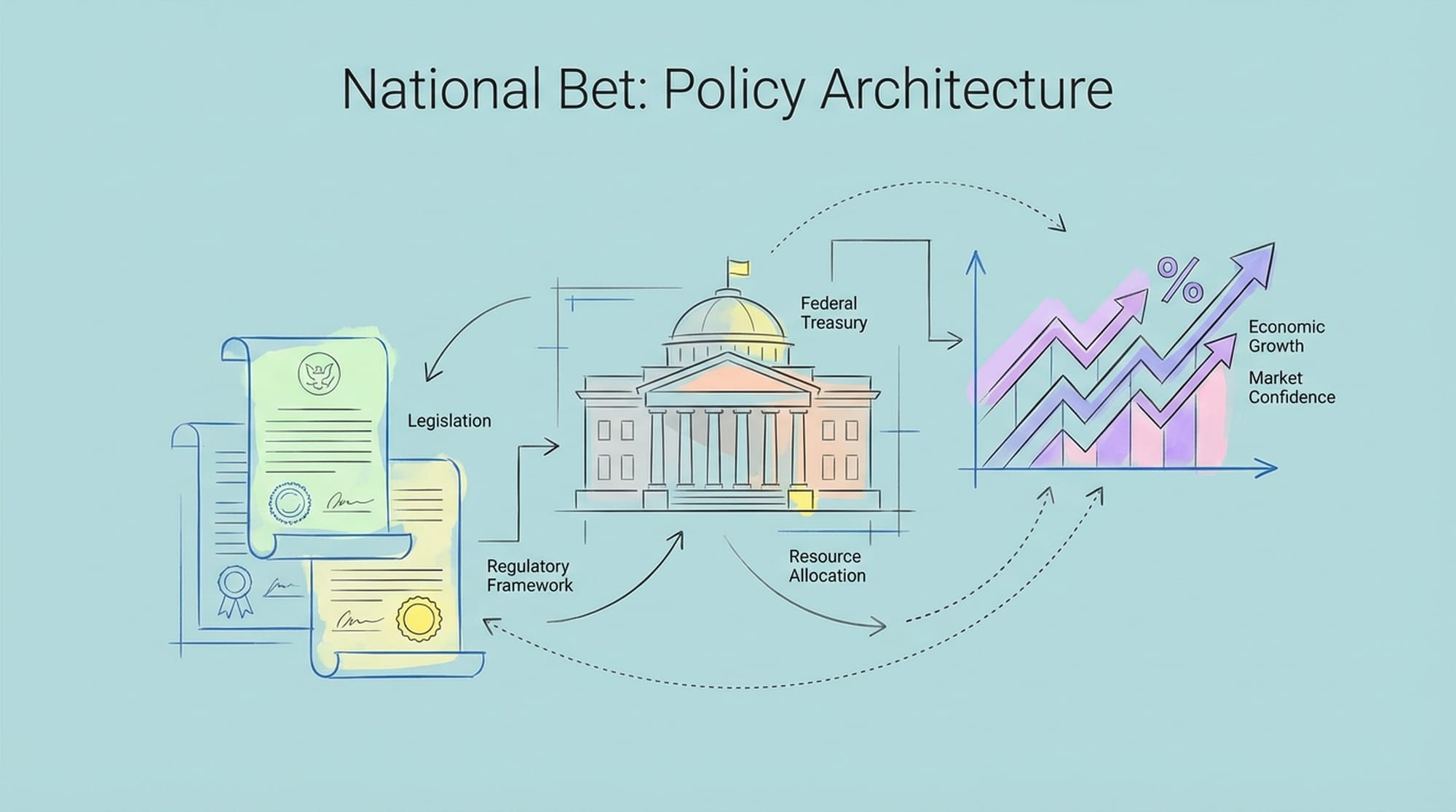 Blueprint-style schematic showing legislative documents, a federal treasury building, and a stylized stock market chart. Emphasizes legal foundation and financial mechanisms. (English)