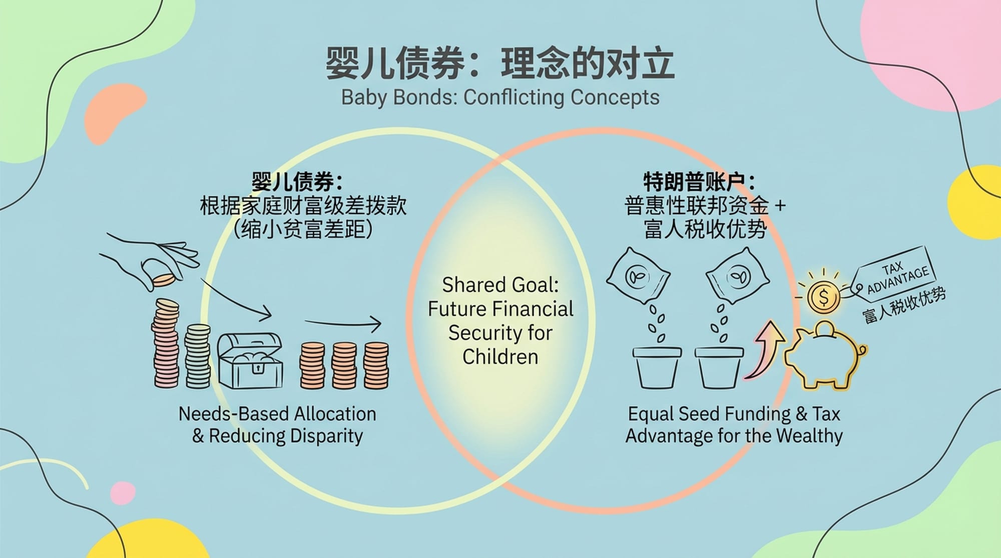 A Venn diagram showing overlapping but opposing philosophies: 'Trump Account' (equal seed, rich exploit tax advantage) vs. 'Baby Bonds' (needs-based, reduce disparity). (English)