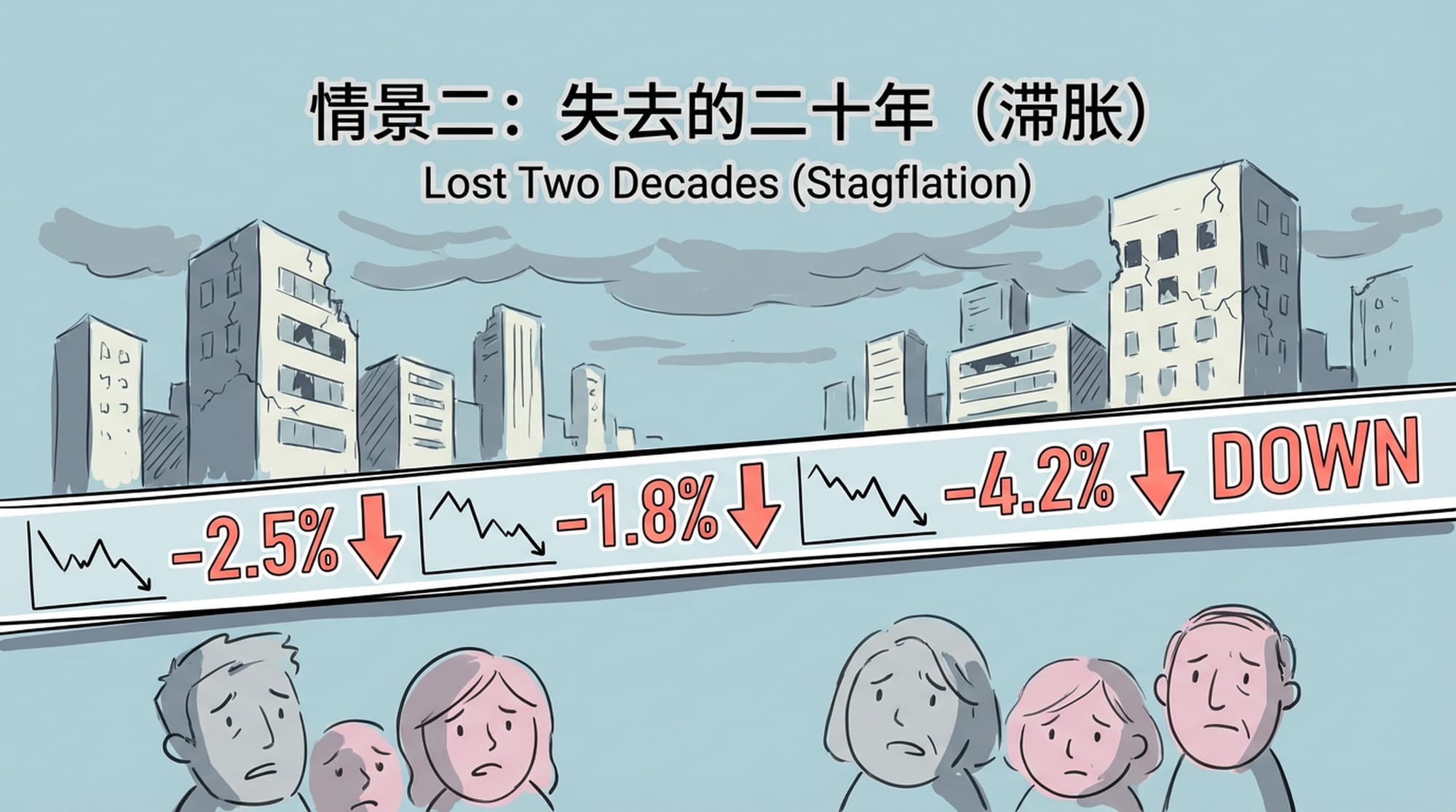 A grey, stagnant urban landscape with dilapidated buildings and worried faces. Stock market ticker shows red, downward trends. Depicts economic stagnation and despair. (English)
