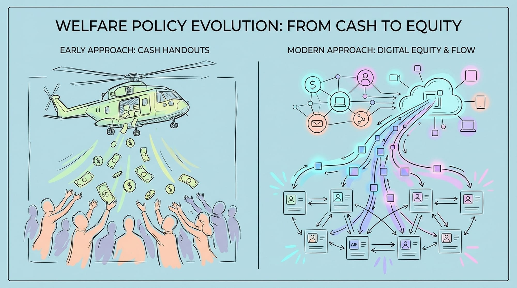 Split screen: left shows vintage helicopter dropping cash over a crowd (1980s, sepia tone), right shows a sleek, modern, abstract representation of digital equity flowing into multiple individual accounts (futuristic, bright colors). (English)