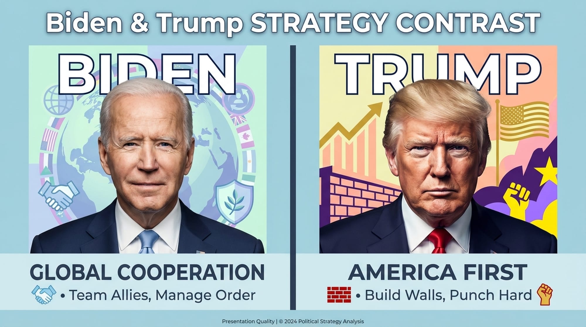 Divided screen: Biden's face with 'Global Cooperation' text, Trump's face with 'America First' text. Contrasting colors. (English)