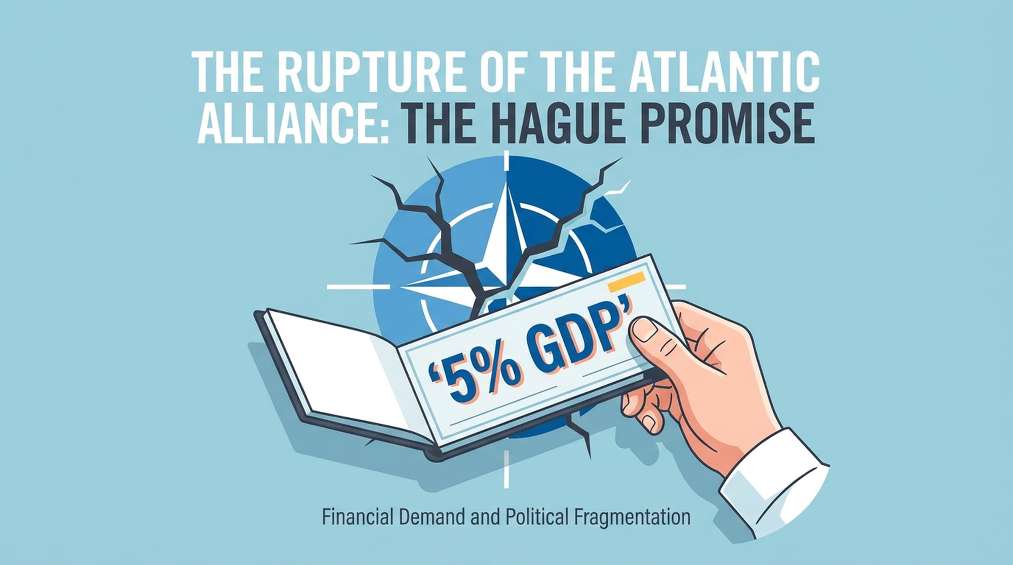 NATO logo cracking, a hand holding a checkbook with '5% GDP' written on it. (English)