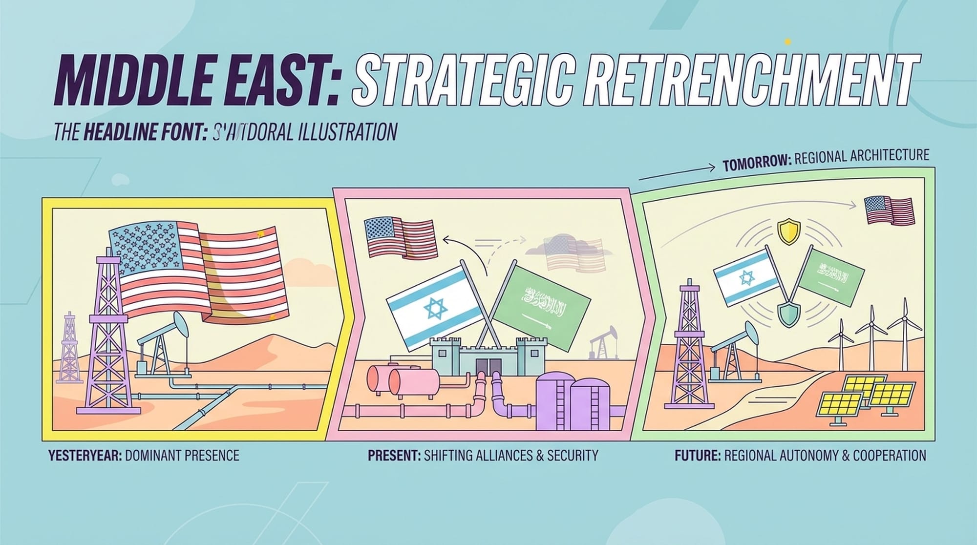 Oil derricks in a desert, guarded by Israeli and Saudi flags, US flag moving to the background. (English)