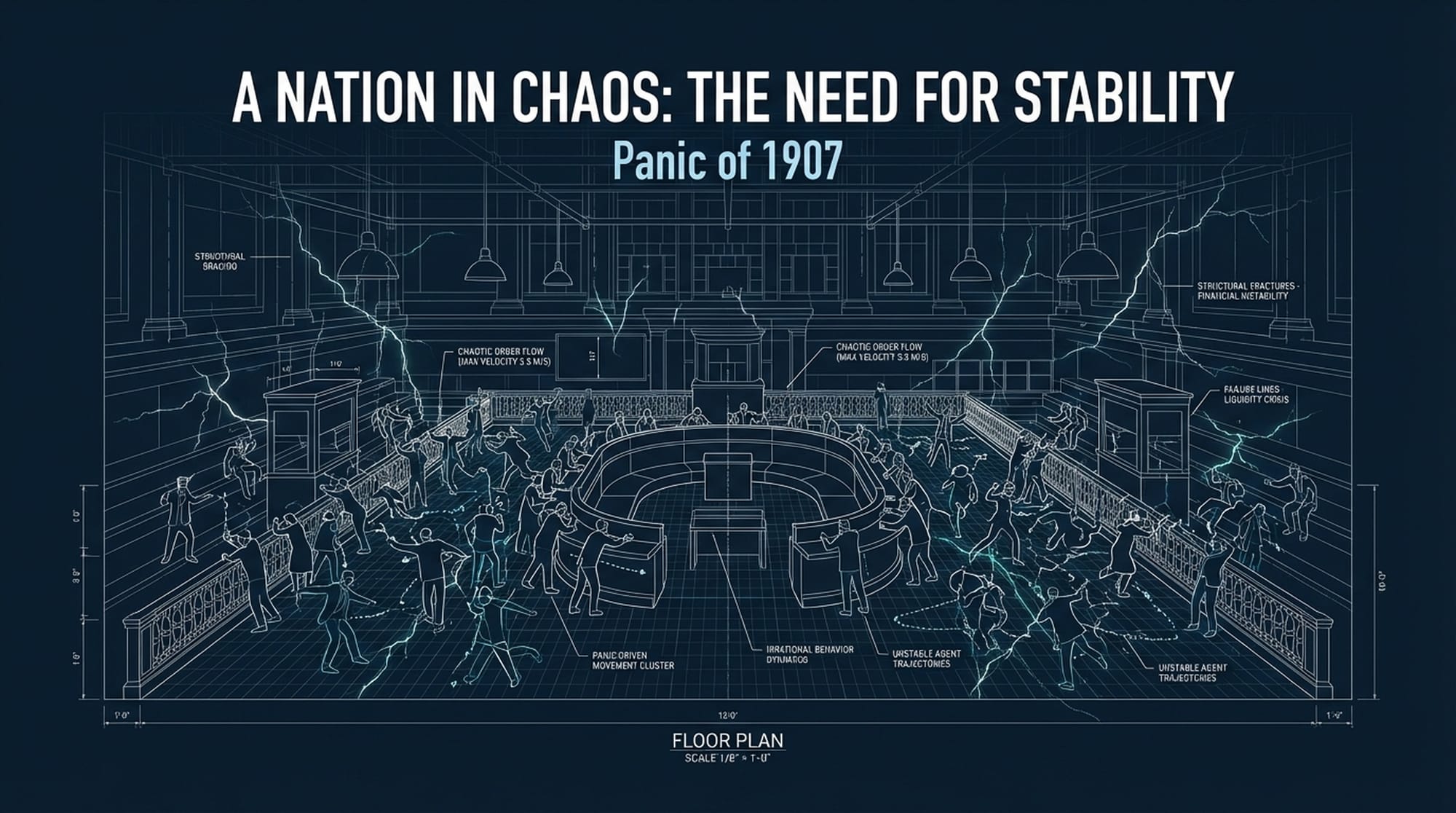Sepia-toned image of early 20th-century New York stock exchange floor, brokers in a frenzy. Faint cracks spreading across the image, symbolizing financial instability. Text overlay: 'Panic of 1907'.