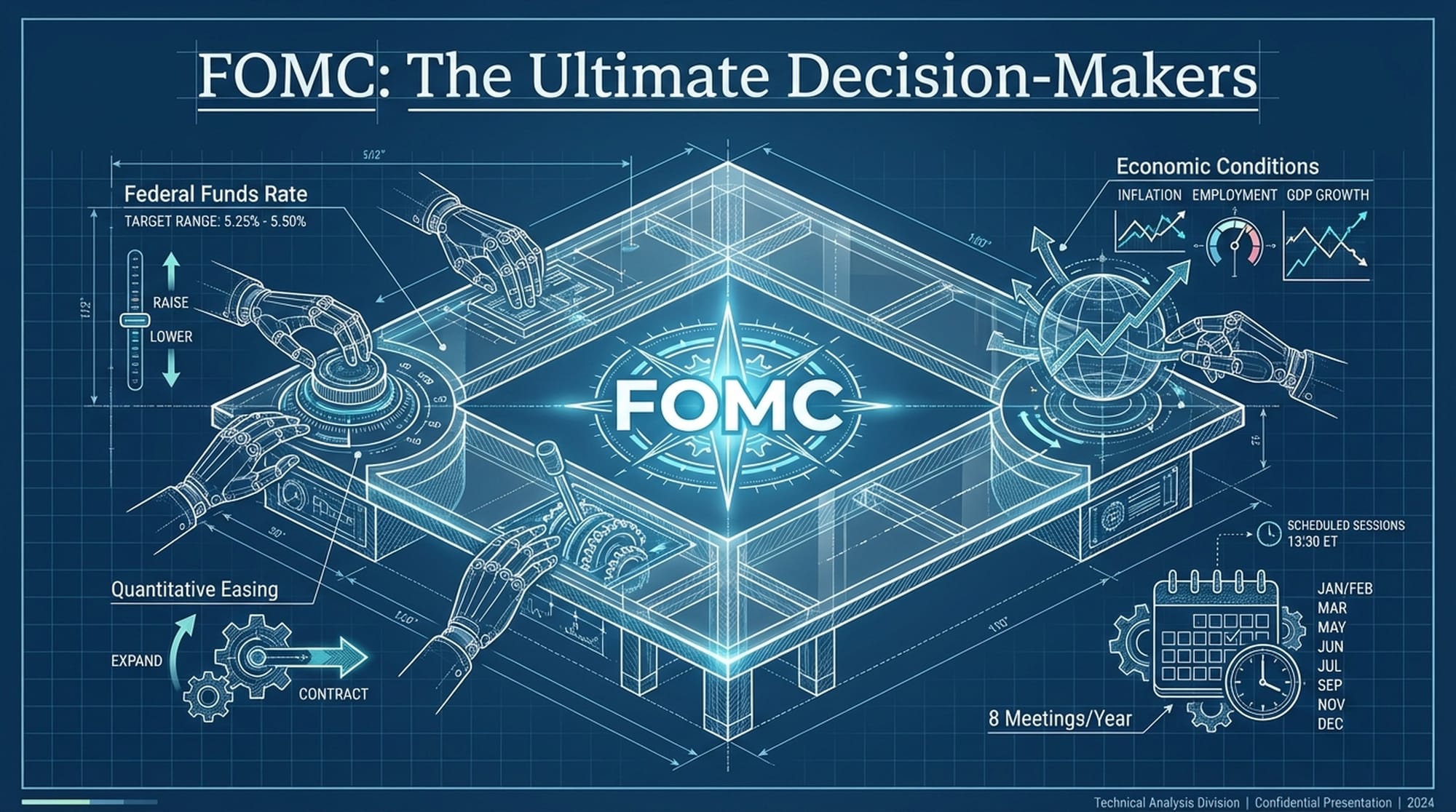 A boardroom table with a large, glowing 'FOMC' logo at its center. Multiple hands reaching towards dials and levers labeled 'Federal Funds Rate', 'Quantitative Easing', 'Economic Conditions'. A calendar showing '8 Meetings/Year'.