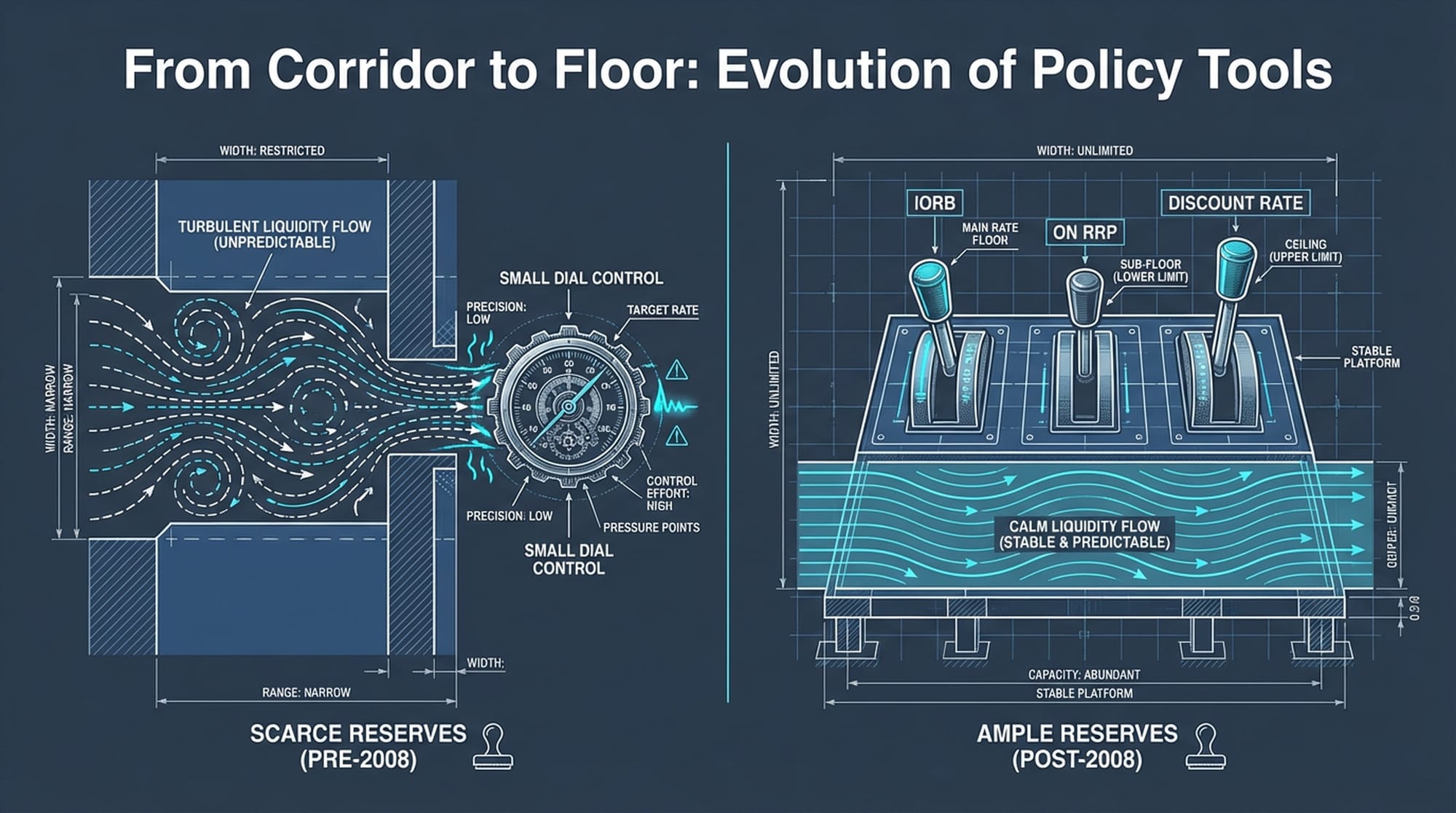 Split screen. Left side: An old, narrow 'corridor' with a small dial trying to control a large river. Text: 'Scarce Reserves (Pre-2008)'. Right side: A wide-open 'floor' with multiple levers labeled 'IORB', 'ON RRP', 'Discount Rate', controlling a calm, wide river. Text: 'Ample Reserves (Post-2008)'.