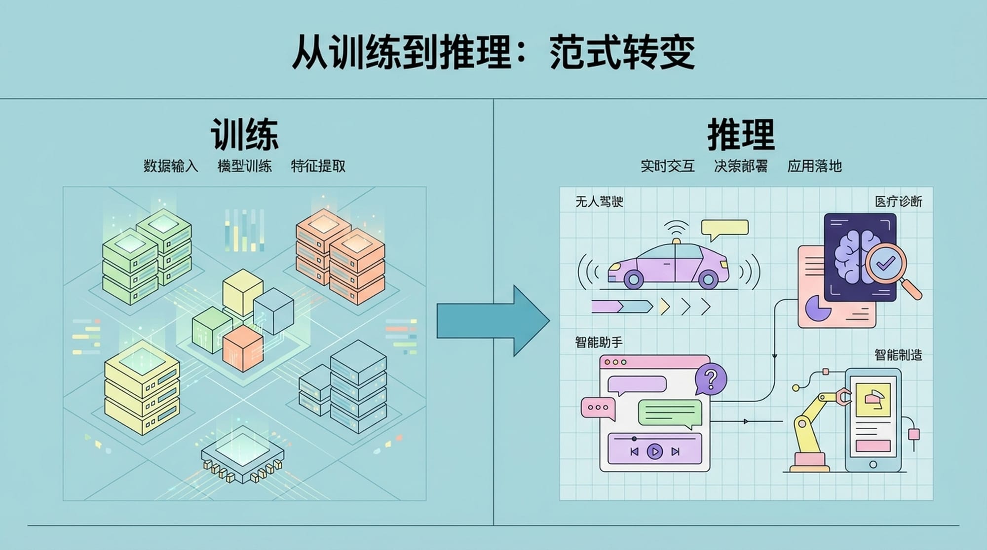Split screen: Left shows intense, glowing data centers with 'TRAINING' in bold. Right shows diverse applications: self-driving car, smart assistant, medical AI, with 'INFERENCE' in bold. A large arrow points from left to right.