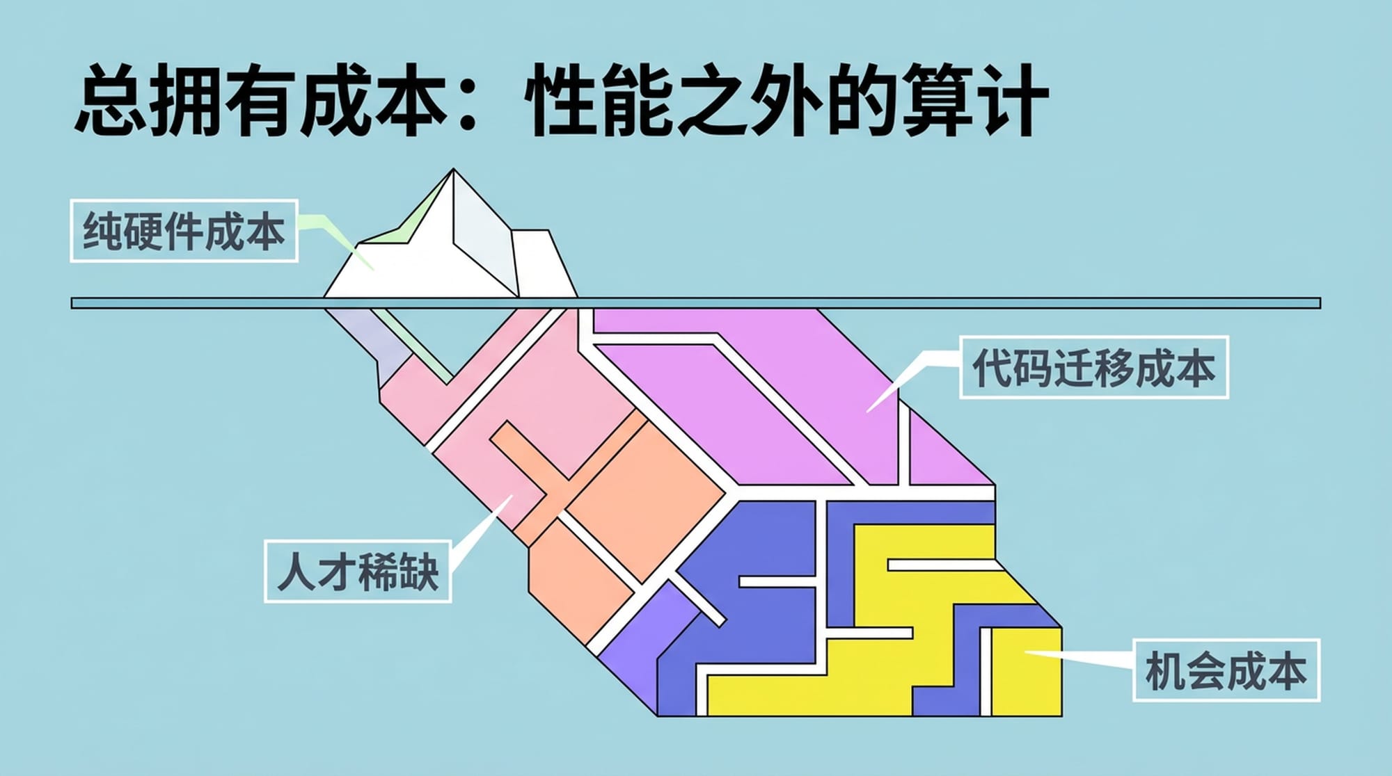 Iceberg metaphor: Tip of iceberg is 'Hardware Cost', submerged massive section is 'Migration Tax', 'Talent Scarcity', 'Opportunity Cost'.