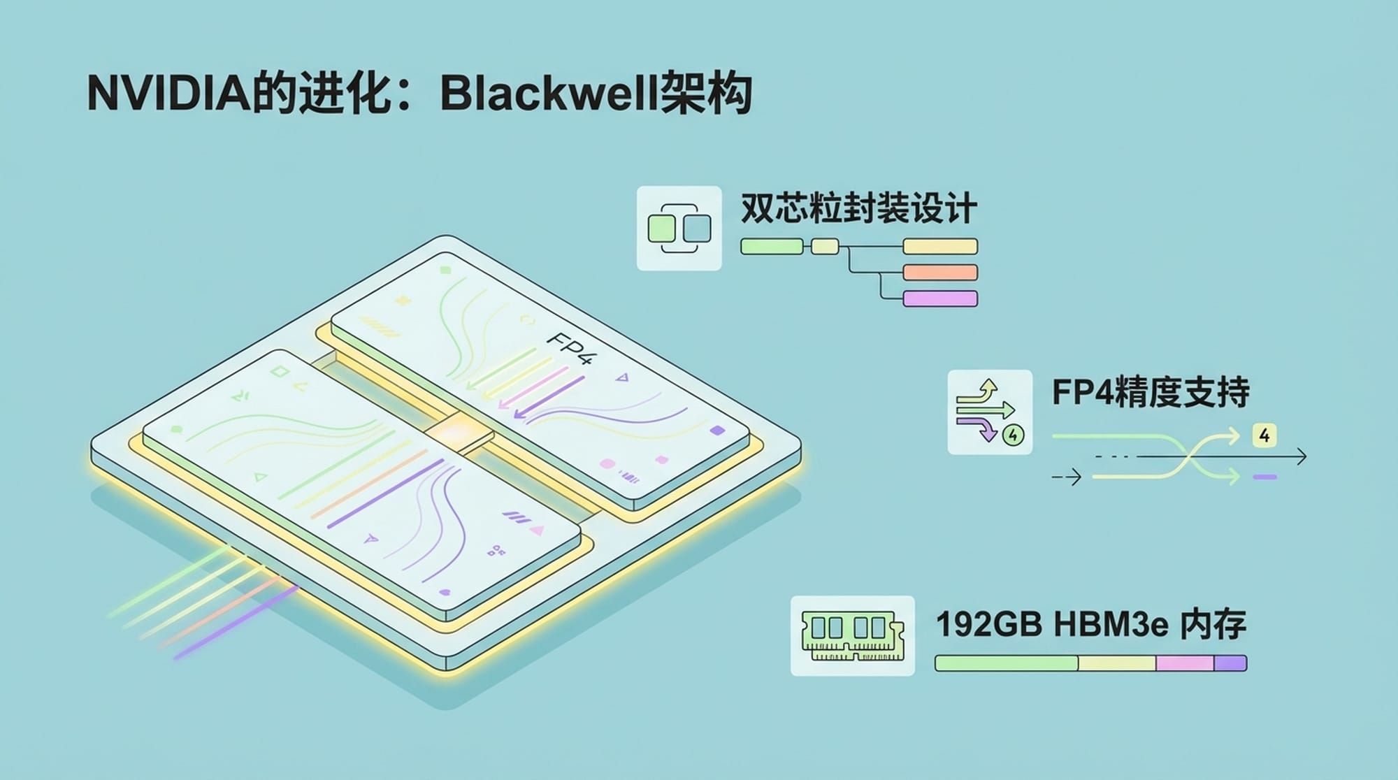 Sleek, futuristic chip design of NVIDIA Blackwell, glowing with internal connections. Focus on 'Dual-die' and 'FP4' concepts with subtle visual cues.