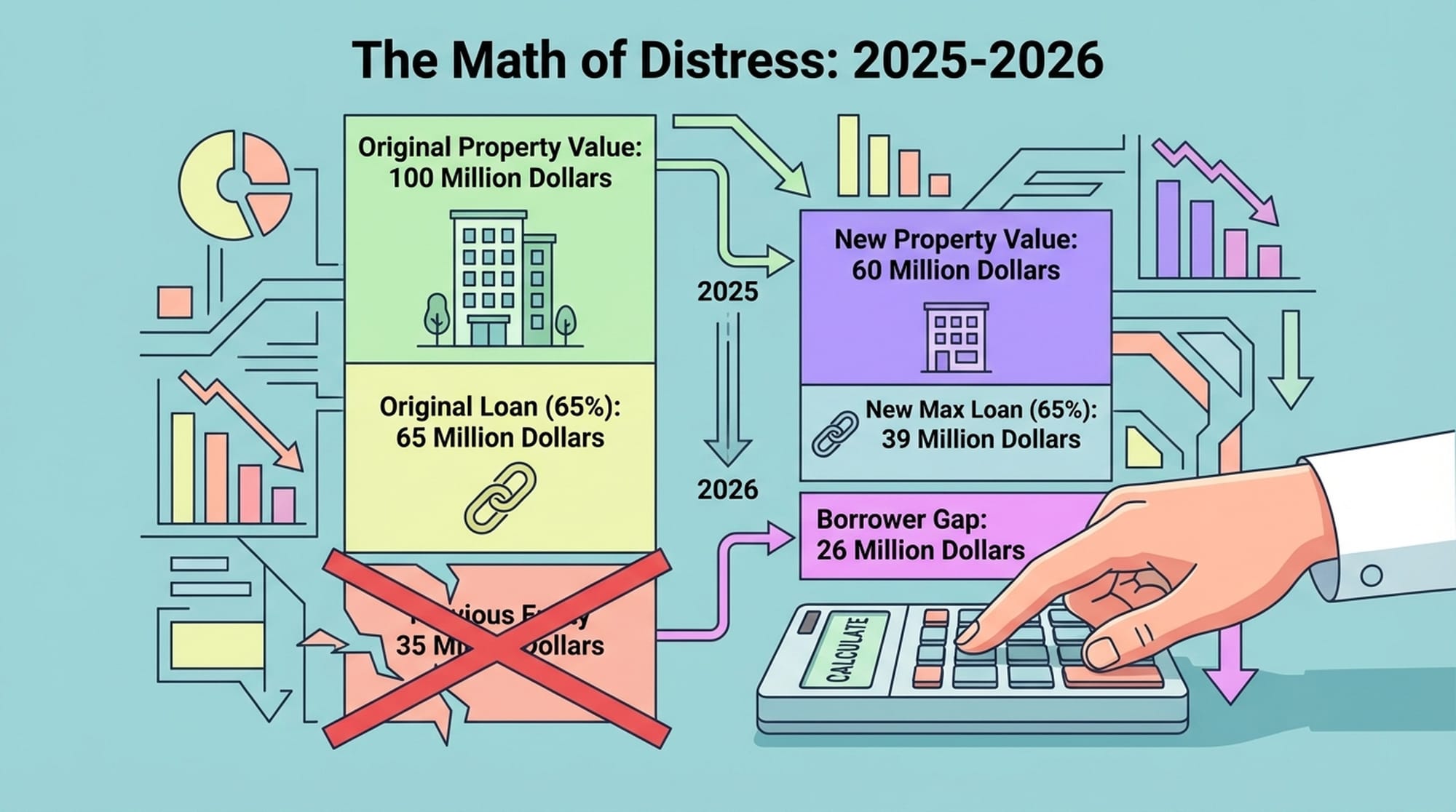 A stark financial ledger or calculation board showing a loan being refinanced with new, lower value calculation. A red 'X' over the previous equity. A hand pushing keys across a table.