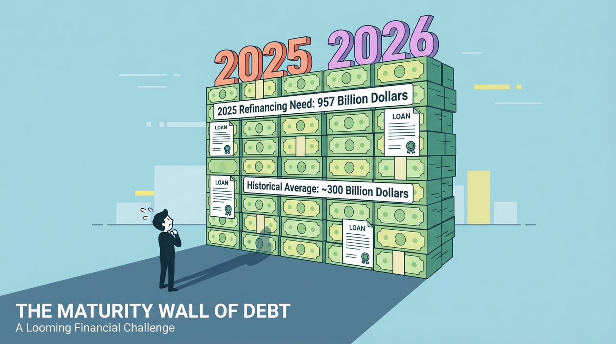Massive, insurmountable wall made of stacked dollar bills and loan documents, casting a long shadow. A small figure looks up at it in despair. Dates two thousand twenty-five and two thousand twenty-six prominently displayed.
