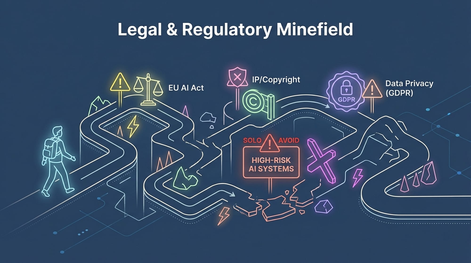 Solo founder navigating a path filled with legal symbols and warning signs