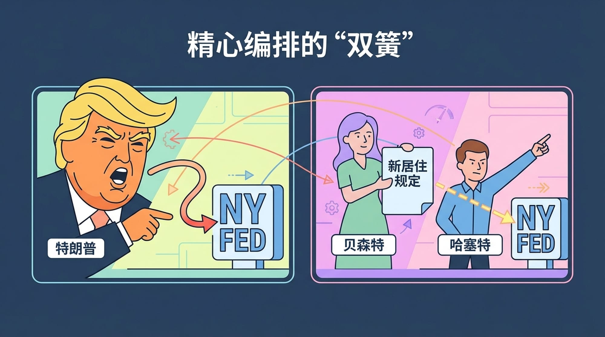 A stage with three figures: 'Trump' on one side expressing dissatisfaction, 'Bethany' in the center holding a 'Residency Order' document, and 'Hassett' on the other side pointing accusingly at a 'NY Fed' sign. The figures are connected by subtle, glowing threads, implying a coordinated effort. Background shows political maneuvering.