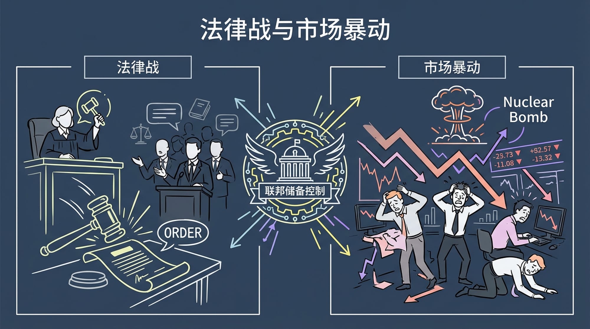 Split screen. Left: Attorneys in a courtroom, with a gavel firmly striking down a document labeled 'Legal Challenge'. Right: A chaotic stock exchange floor with traders in distress, falling arrows symbolizing market crash. A 'Nuclear Bomb' icon hovers over the right panel, indicating 'Market Revolt' threat. Both sides are battling over a 'Fed Control' icon.