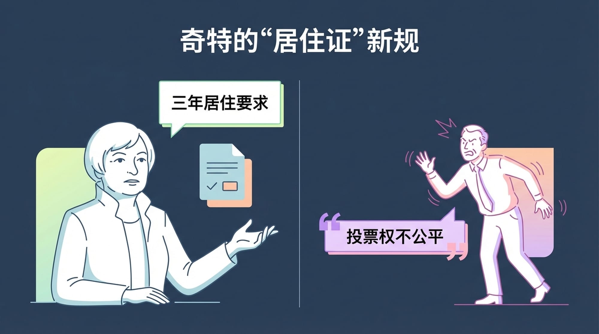 Image of a serious-looking U.S. Treasury Secretary with a speech bubble saying 'Three Years Residency Requirement'. Beside her, a smaller, agitated figure of another official with an emphatic quote overlay about voting rights. A subtle visual of a 'residency permit' document.