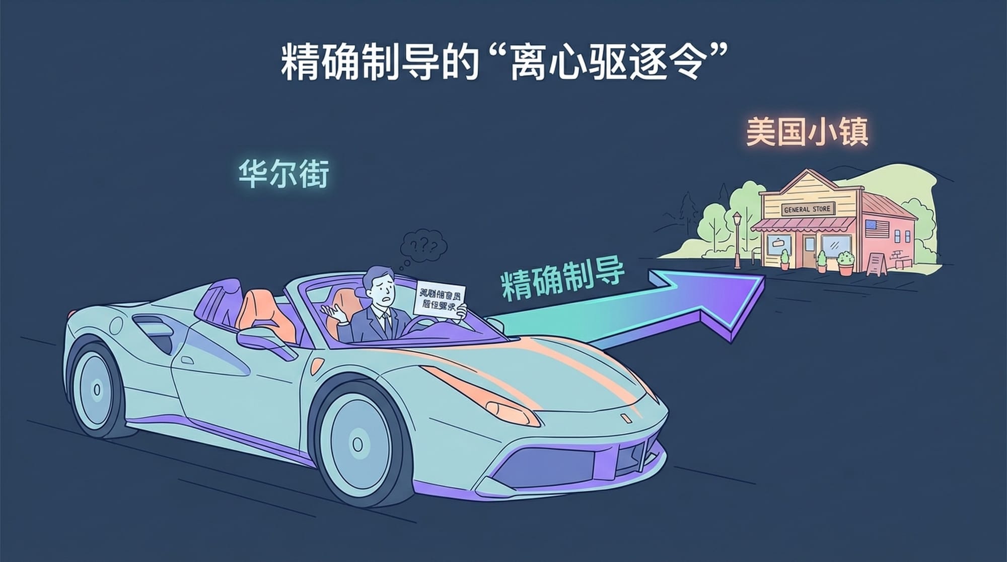 A sleek, black luxury sports car (like a Ferrari or Lamborghini) parked in front of a rustic, small-town storefront (e.g., general store, diner). The driver, in a sharp suit, looks confused and frustrated, holding a small 'notice' paper. A glowing, almost sci-fi, arrow points from the car towards the small town. Text overlay: 'Wall Street' vs. 'Small Town America'.