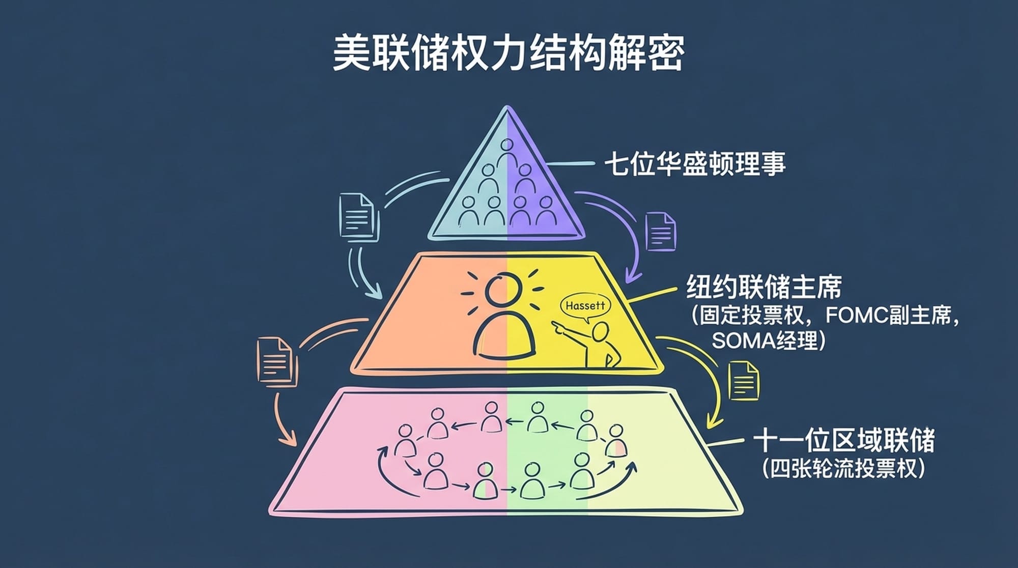 An infographic showing a pyramid of power within the Federal Reserve. Top: 'Seven Washington Governors'. Mid: 'New York Fed President (Permanent Vote, FOMC Vice Chair, SOMA Manager)'. Bottom: 'Eleven Regional Feds (Four Rotating Votes)'. A small, glowing 'Hassett' figure points at the New York Fed with a critical gesture.
