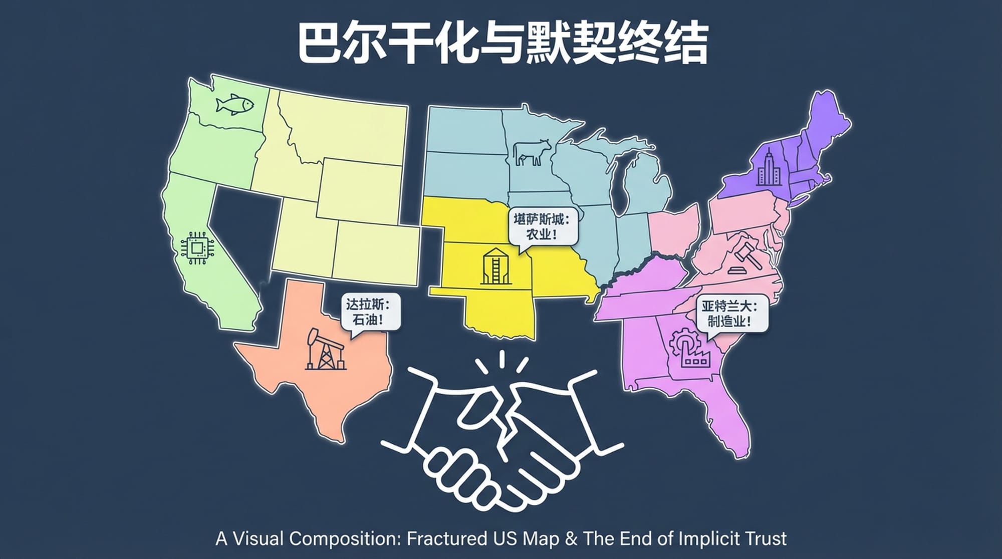 A map of the United States with Federal Reserve districts clearly marked. Each district is given a distinct, almost personified vocalization in a speech bubble (e.g., 'Dallas: Oil!', 'Kansas City: Agriculture!', 'Atlanta: Manufacturing!'). The map is fractured, symbolizing 'Balkanization'. A broken handshake icon visually represents the end of 'implicit trust' between Wall Street and Fed.