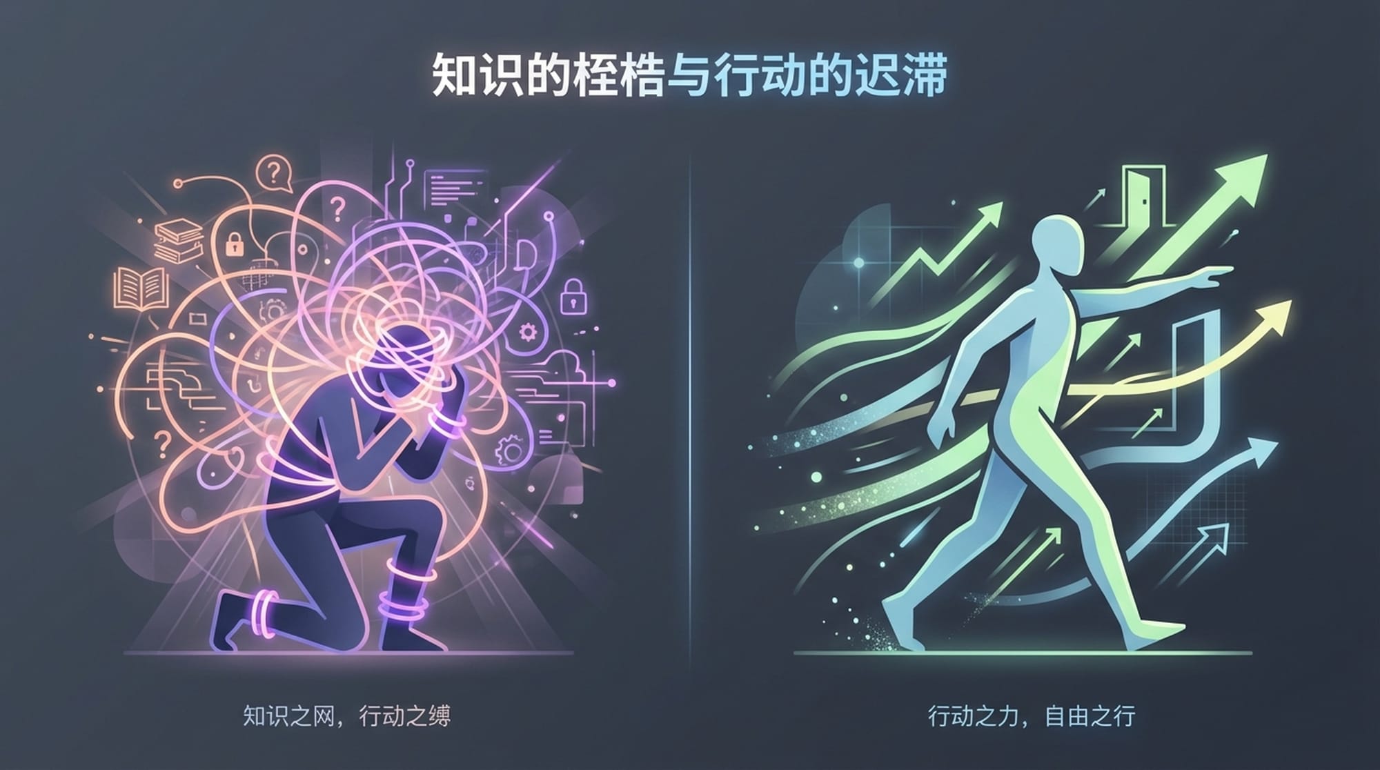 Brain entangled in glowing wires, digital fog, person looking helpless in the background, contrasting with another person confidently walking forward, bright colors.