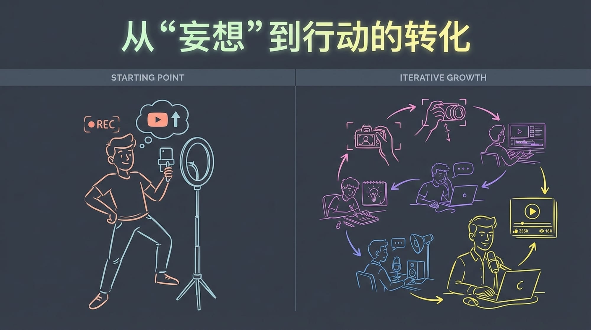 Dynamic split screen: young, naive person confidently filming a YouTube video with basic equipment on one side, on the other, a montage of continuous, iterative learning and growth through practice, evolving into a skilled creator.