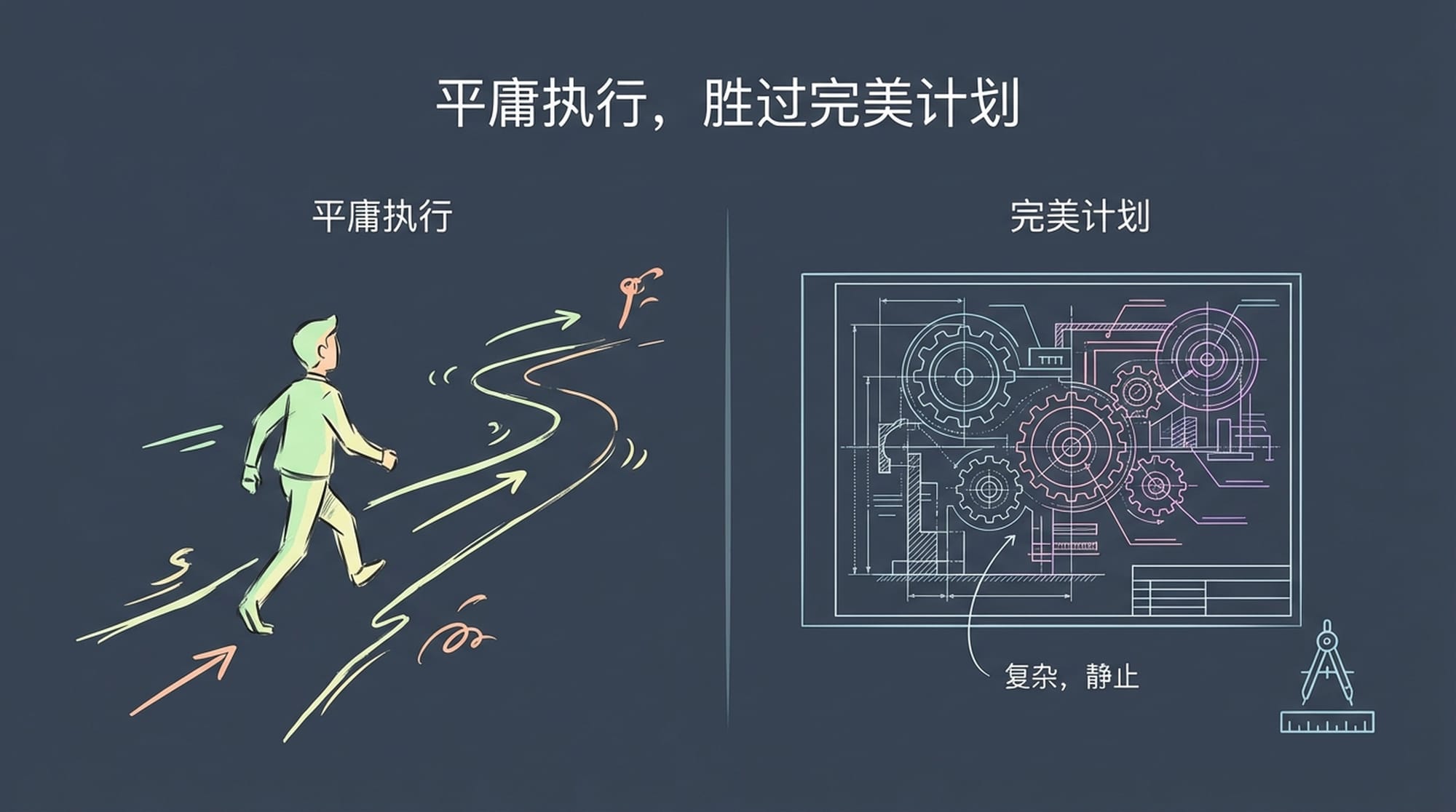 A rough, hand-drawn path actively being walked by a determined figure, while a perfectly rendered, complex blueprint lies untouched beside it, dramatic contrast.