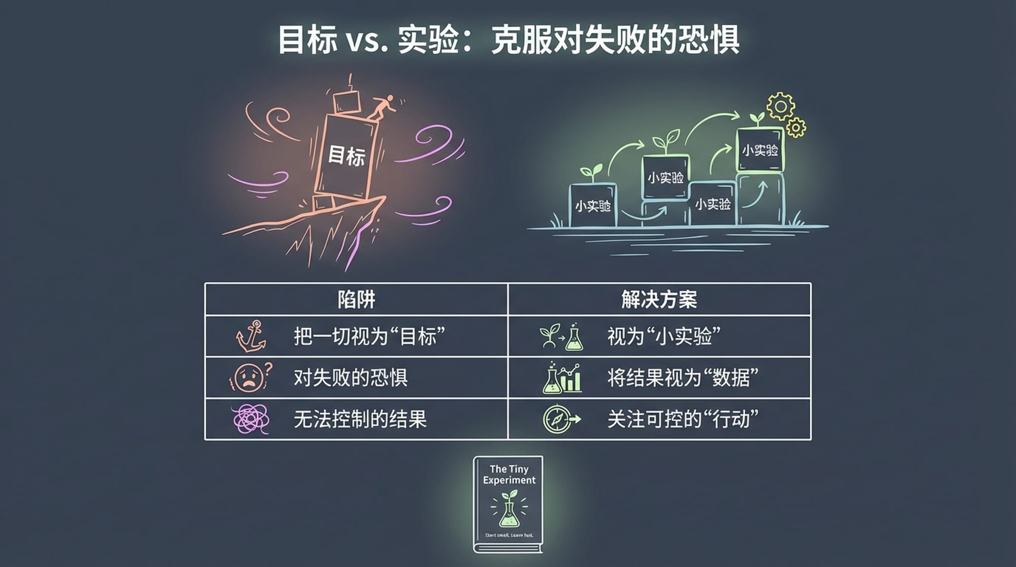 A fragile, towering structure labeled 'Goals' teetering over a cliff, contrasted with a series of small, stable, interconnected 'Experiments' on flat ground, demonstrating resilience and iterative progress. Book cover for 'The Tiny Experiment'.