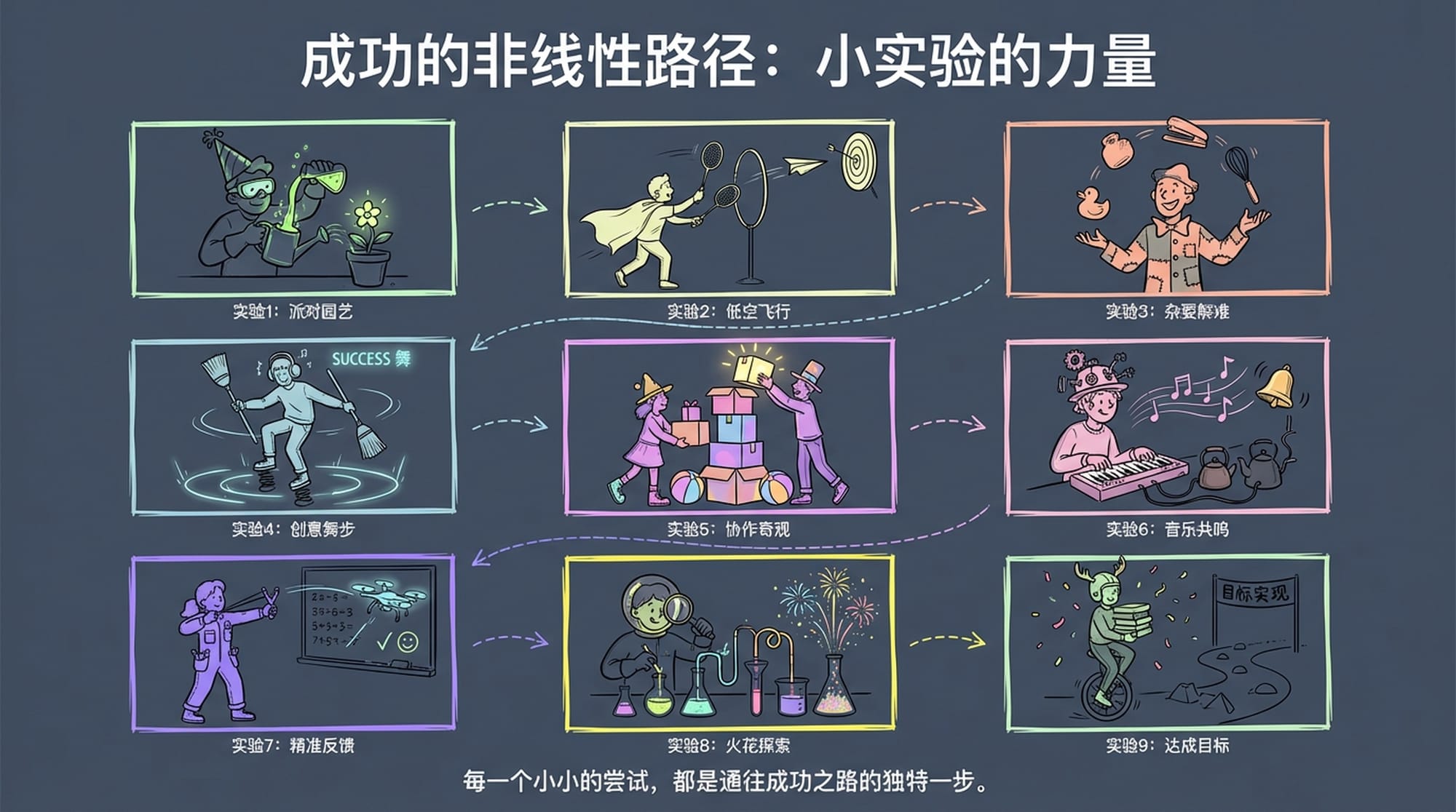 Diverse, quirky individuals achieving different goals via unconventional, simple methods, illustrated with vibrant, comic-book style panels, showing creativity over complexity.