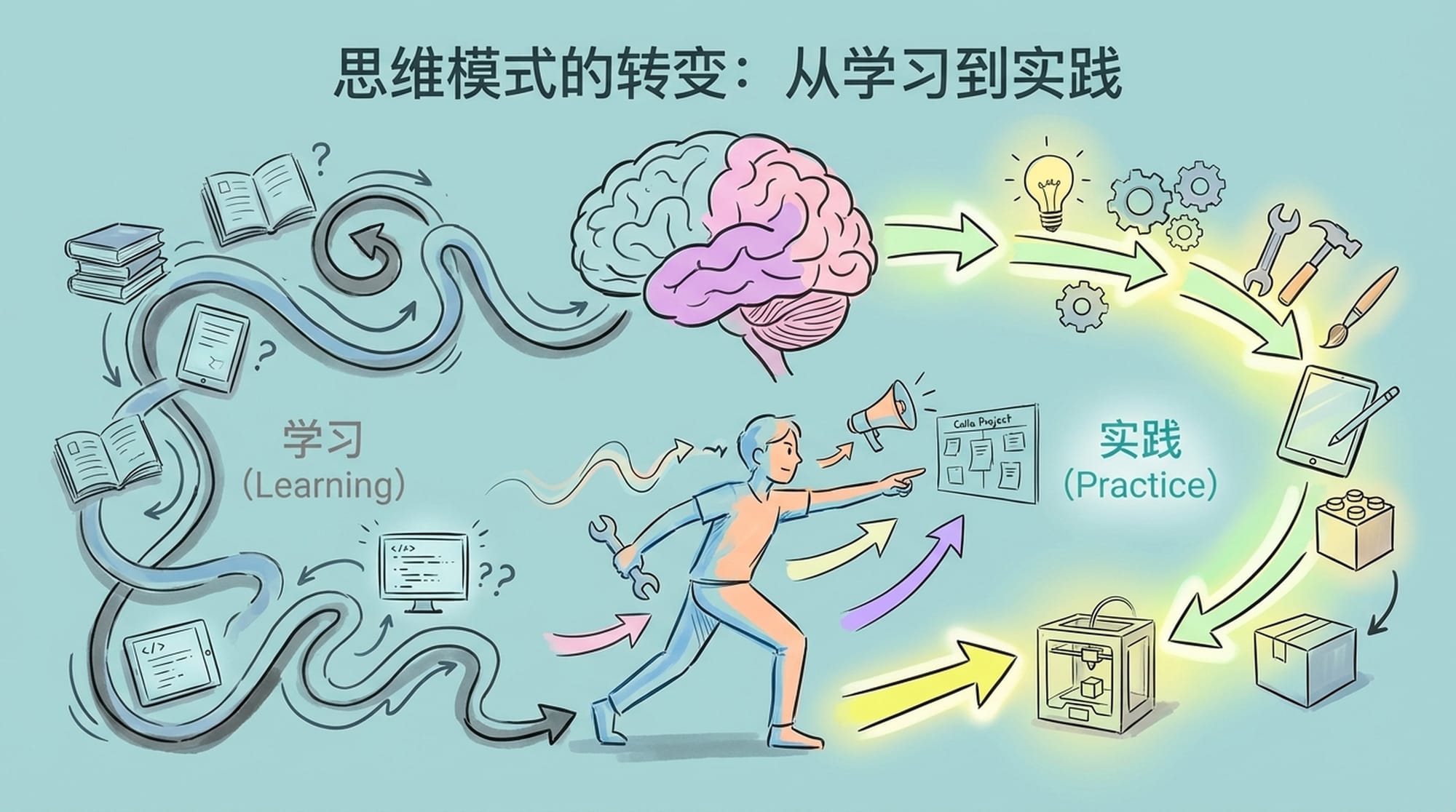 A brain diagram with two paths: one, a long winding path full of books and screens leading nowhere; the second, a direct, hands-on path with tools and tangible creations, clear and luminous. Person choosing the second path.