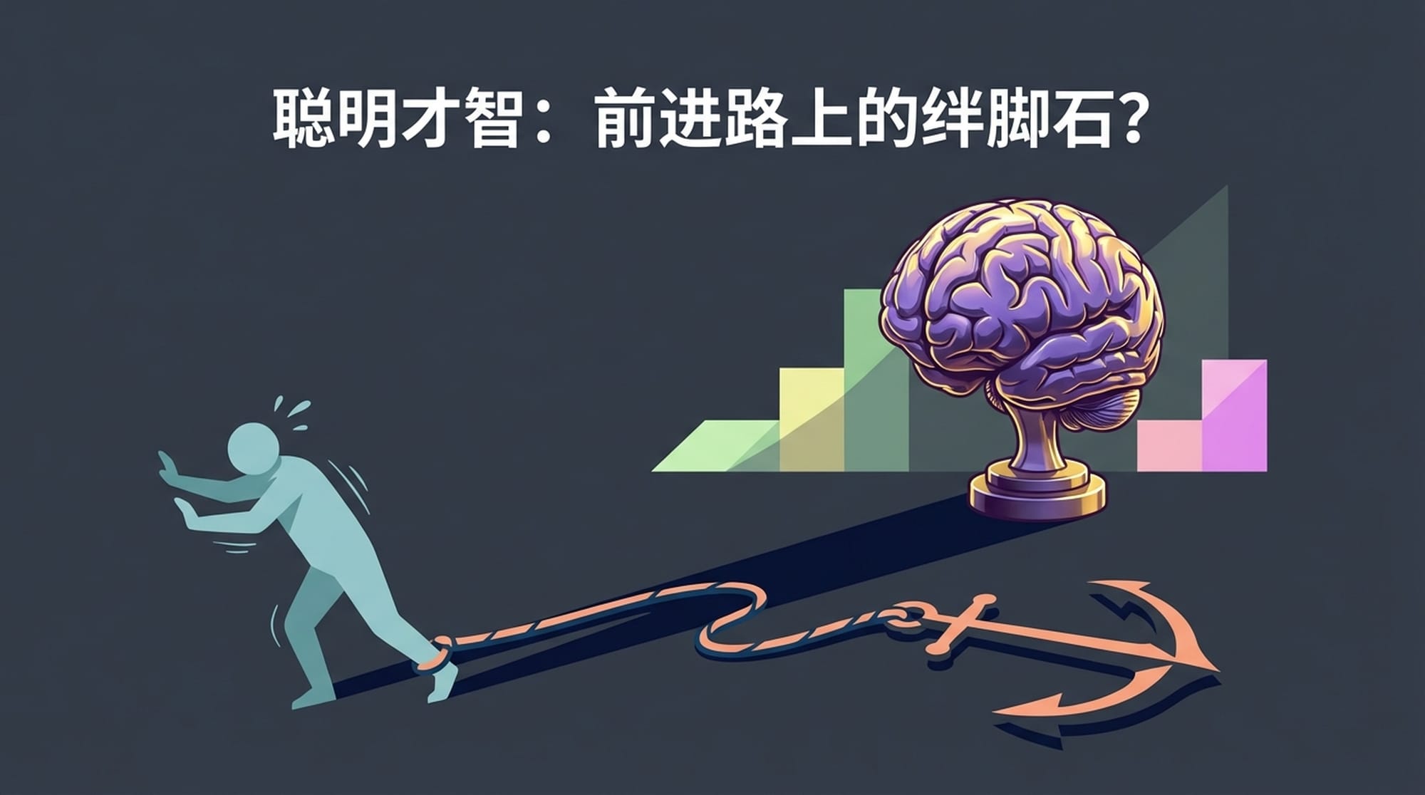 Shiny, oversized brain trophy casting a long shadow, morphing into a heavy anchor, person struggling to move forward, dark, contemplative mood.