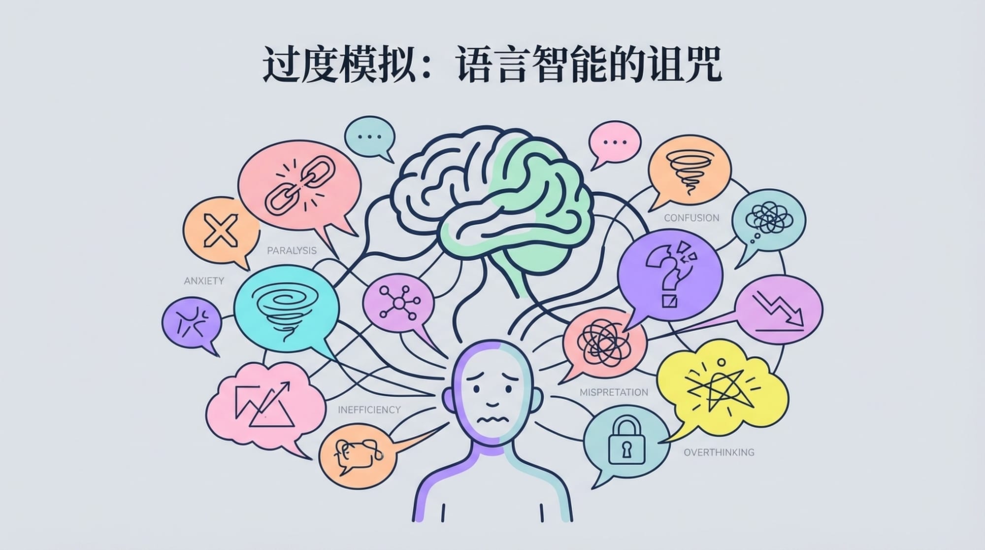 大脑模拟场景，人物被负面想法淹没