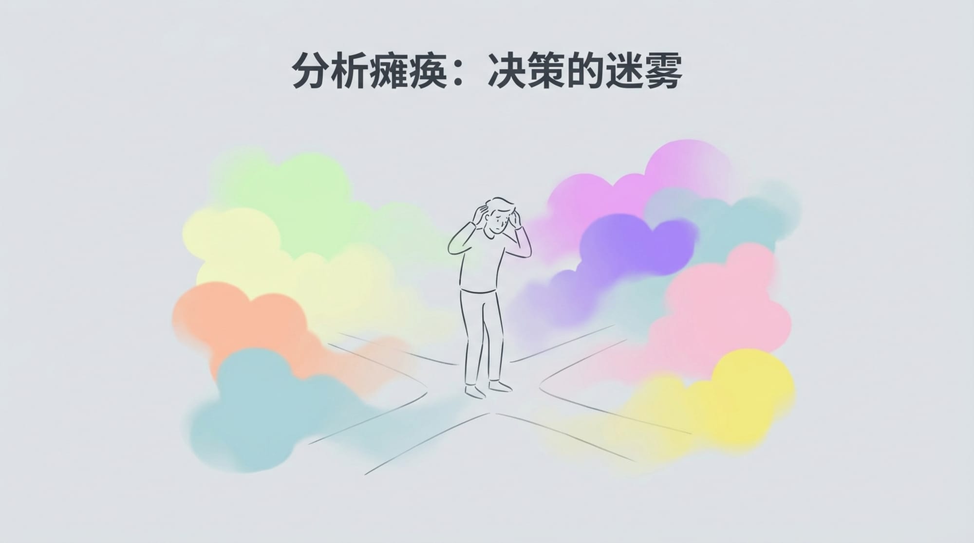 一个人站在迷雾中的十字路口，多条模糊的路径