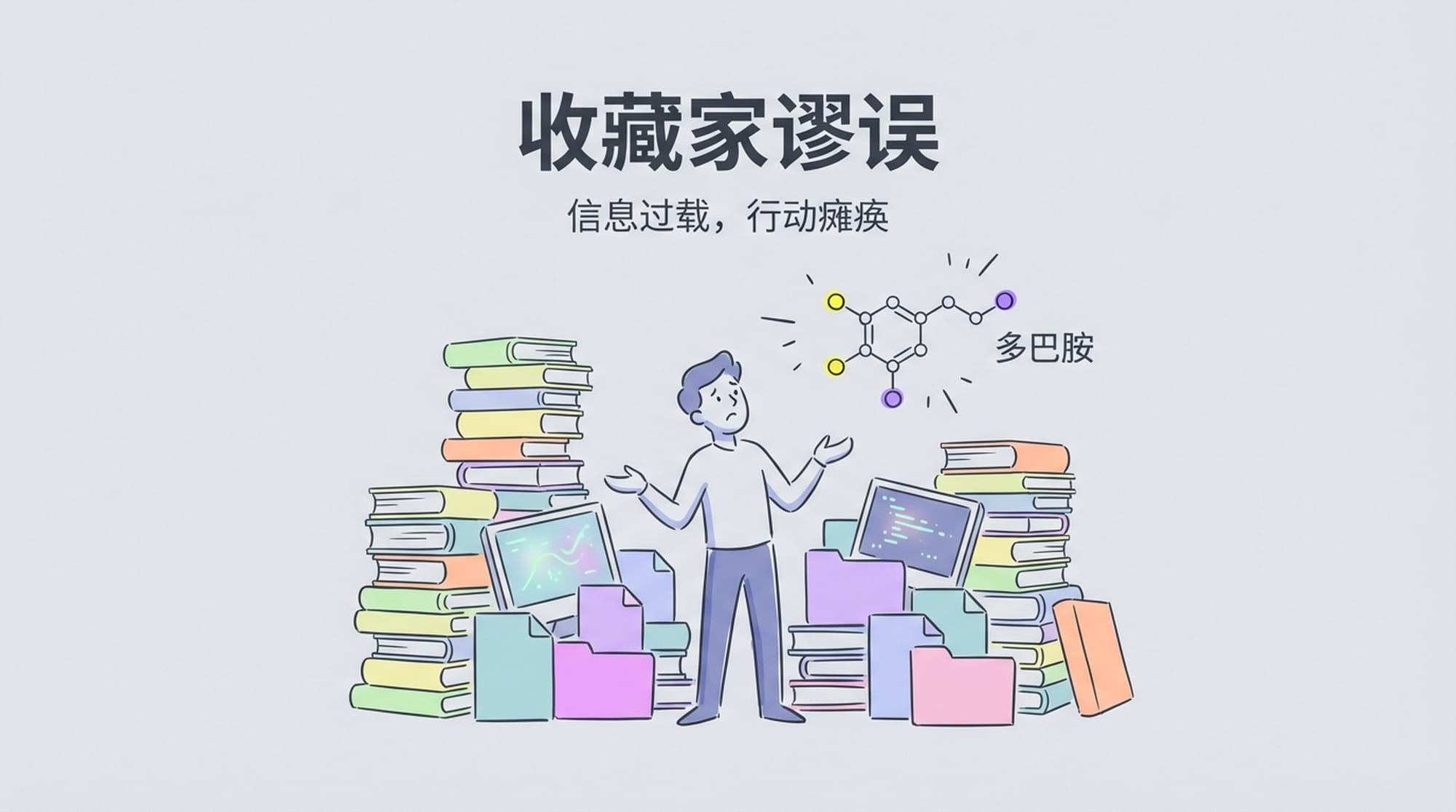 一个人被未读的书籍和文件淹没，显得不知所措