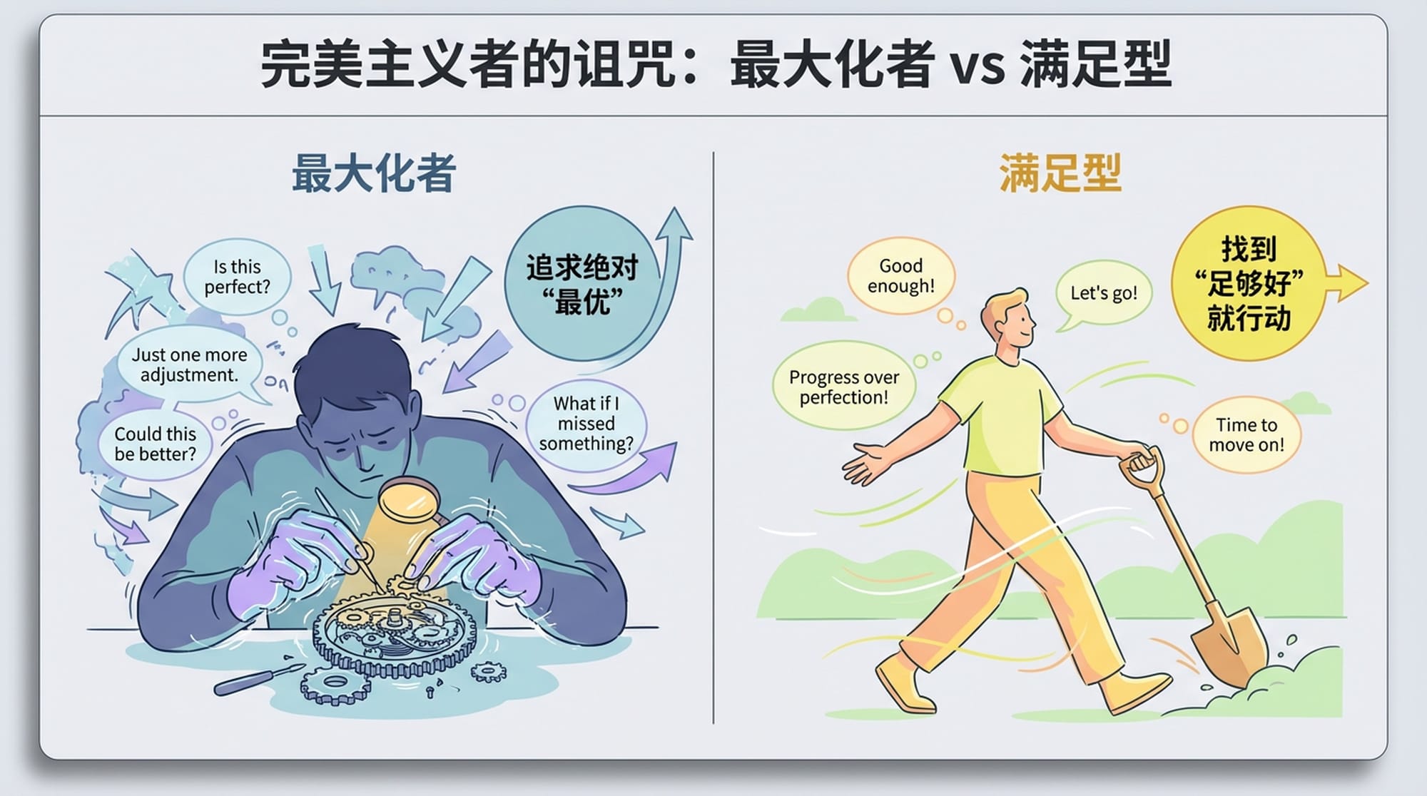 对比图：一丝不苟的完美主义者和乐于前进的满足型人物