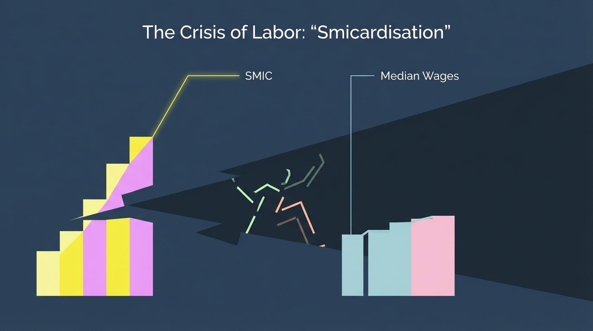 Two parallel bar graphs. One representing 'SMIC' (minimum wage) is rapidly rising, while the other representing 'Median Wages' shows sluggish, almost flat growth. A visual gap between them widens over time. A sense of stagnation and frustration.