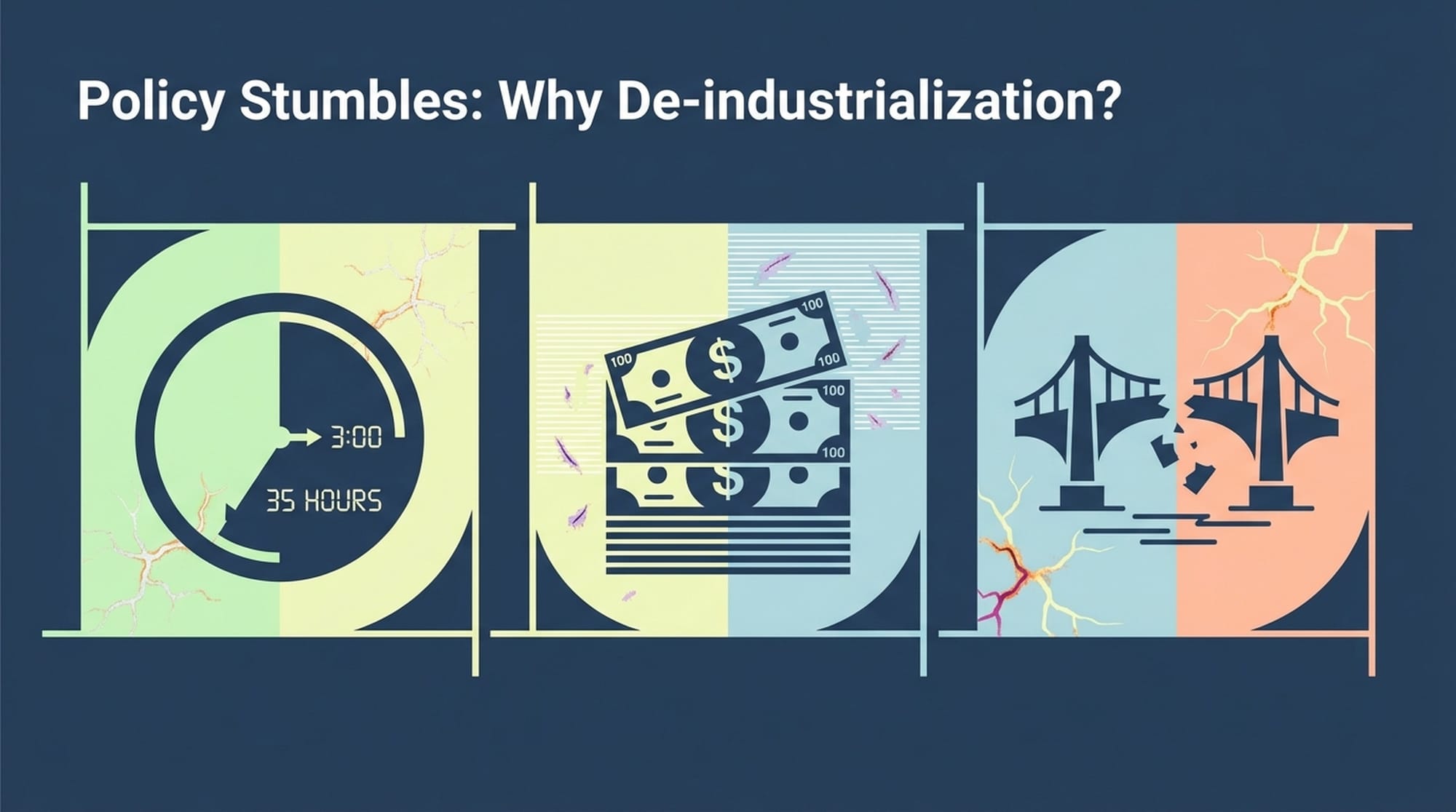 Three distinct, illustrative icons: a clock with 35 hours (workweek), a stack of bills (production taxes), and a broken bridge (competitiveness gap). Each icon is accompanied by a subtle, negative visual effect like rusting or cracking, symbolizing their harmful impact.