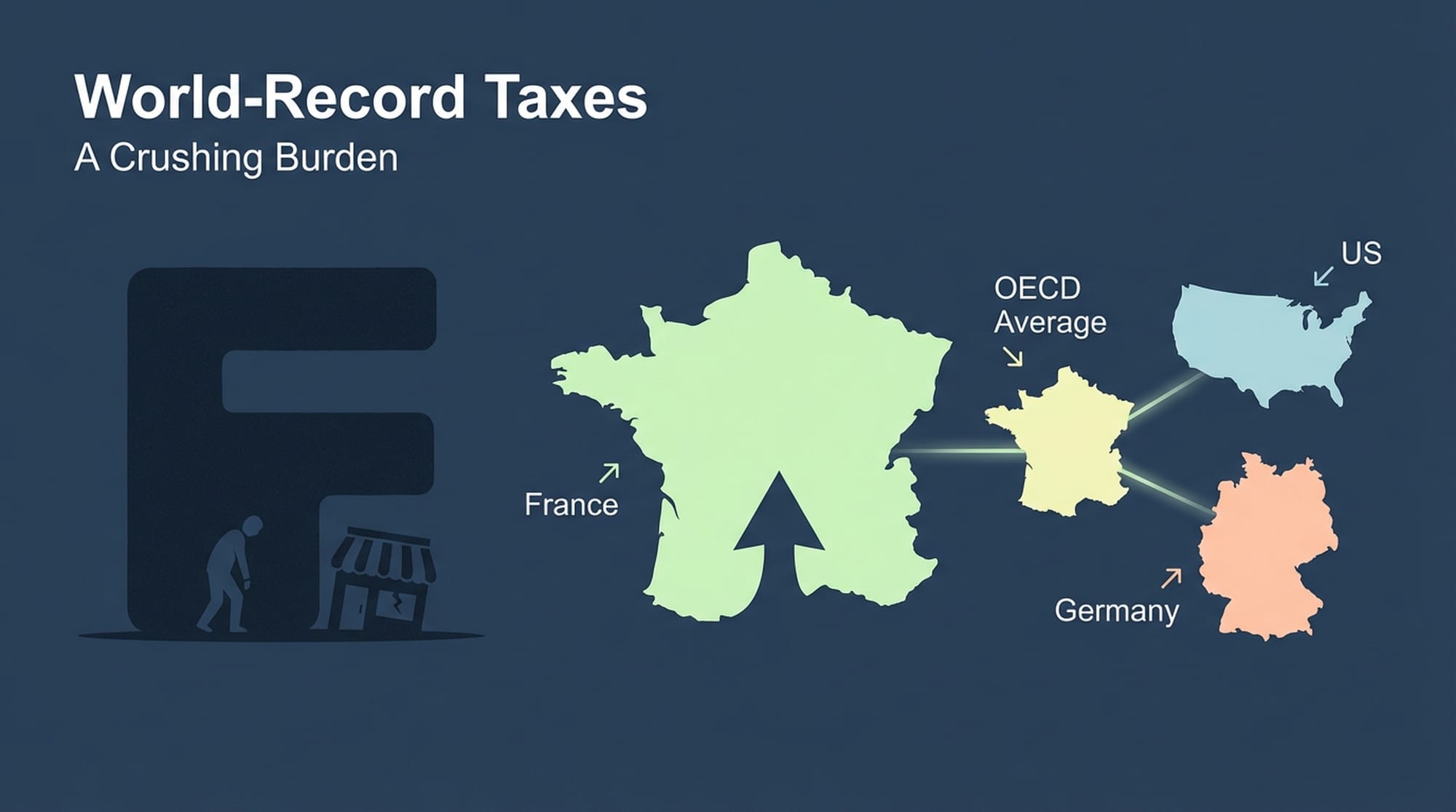 A stack of heavy, branded tax documents crushing down on a tiny business and an individual. Visual representation of tax burden. A global comparison using simplified country silhouettes.