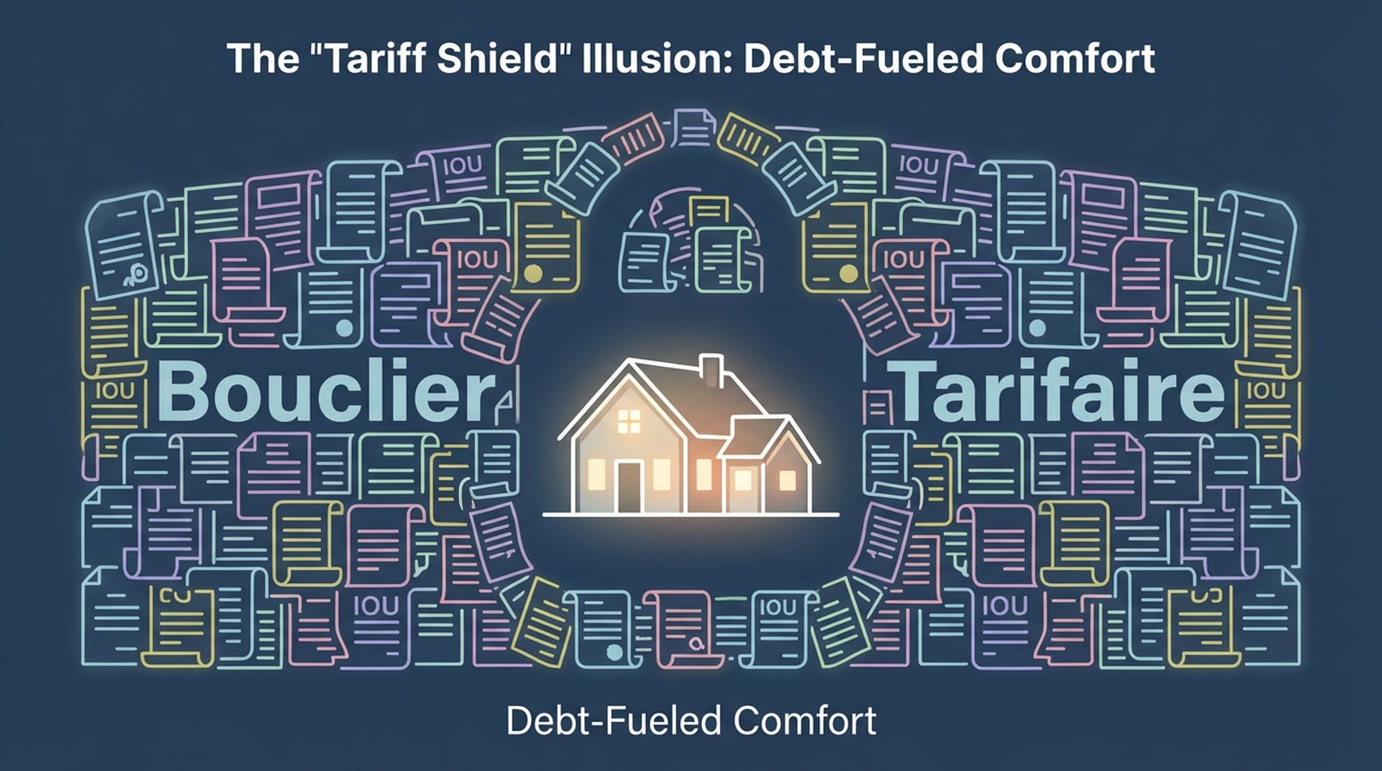 A family enjoying comfort in a warm, lit home, while outside, a massive, unyielding wall made of intertwined bills and debt documents subtly surrounds the house. The term 'Bouclier Tarifaire' is visually etched onto the wall.