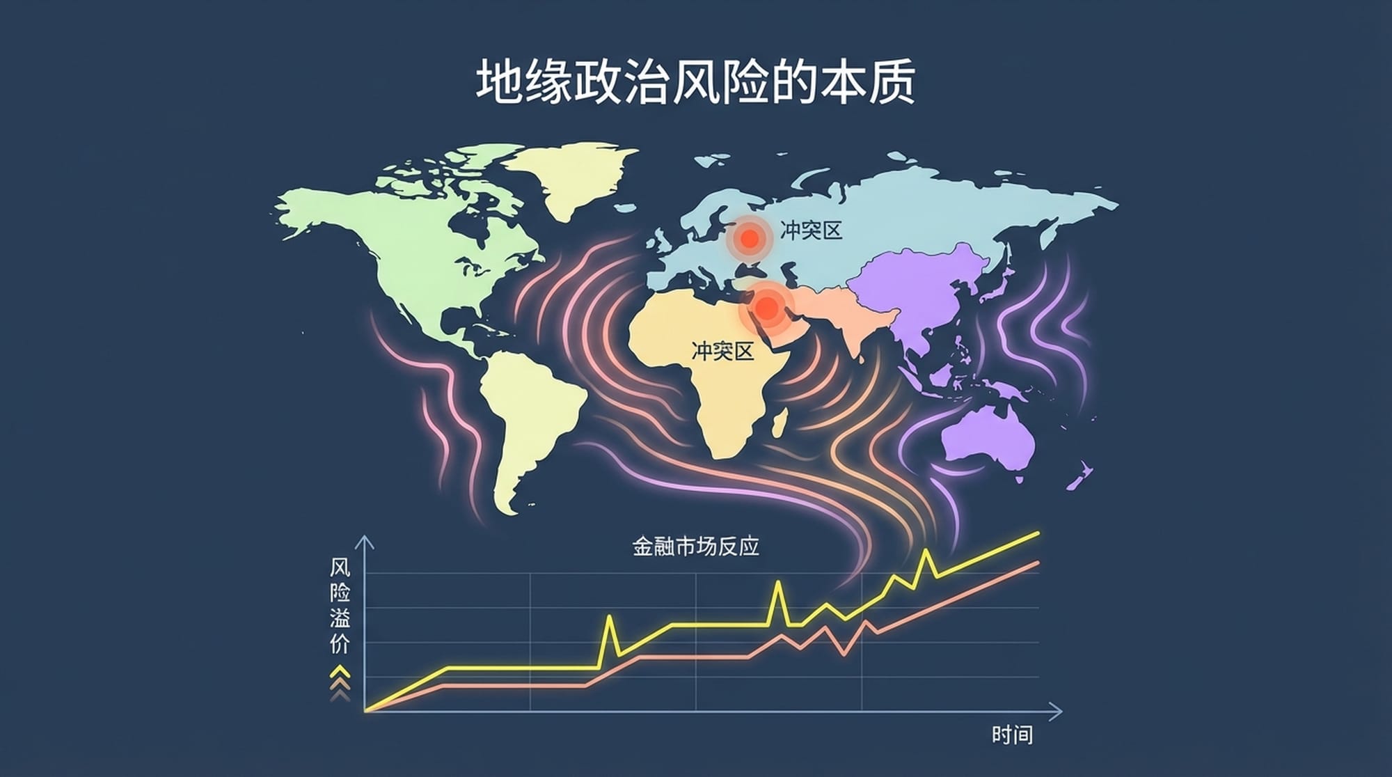 抽象可视化世界地图上的冲突区域扩散开来，形成涟漪，并在金融图表上转化为可量化的“风险溢价”。