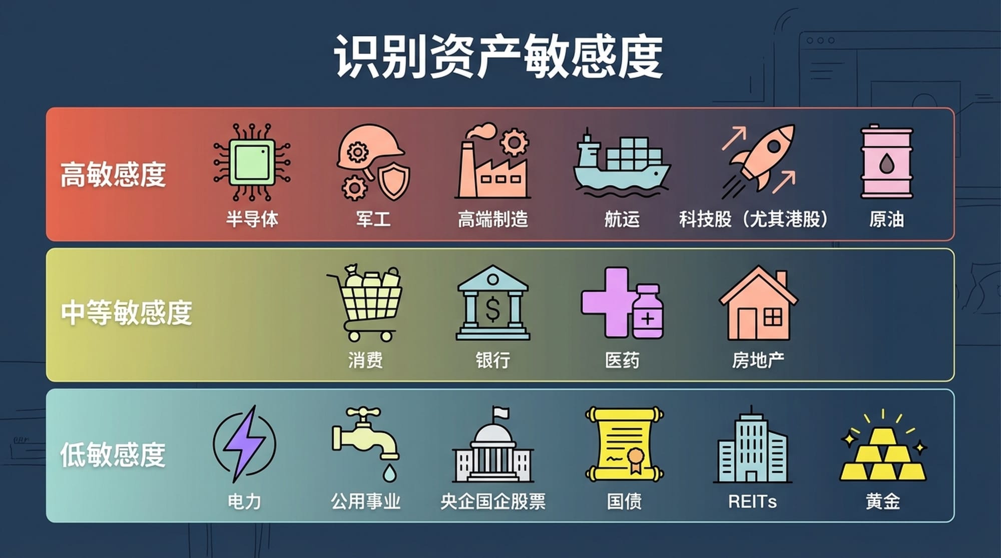 一个资产范围，从“高敏感”到“低敏感”分类，并配有代表每个类别的视觉图标。