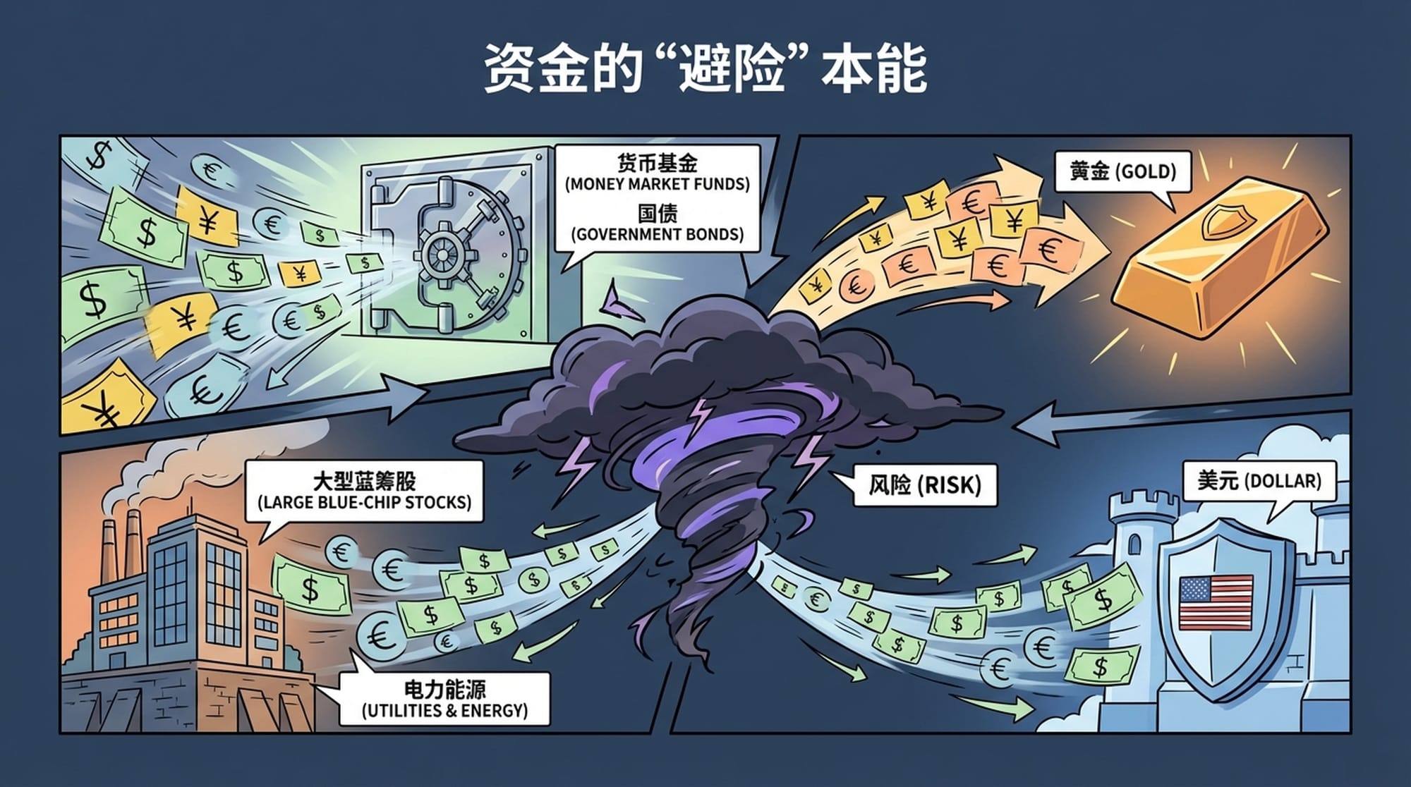一群金钱符号（美元、日元、欧元）正在奔向“安全避风港”，如金库或金条，逃离“风险”的暴风云。