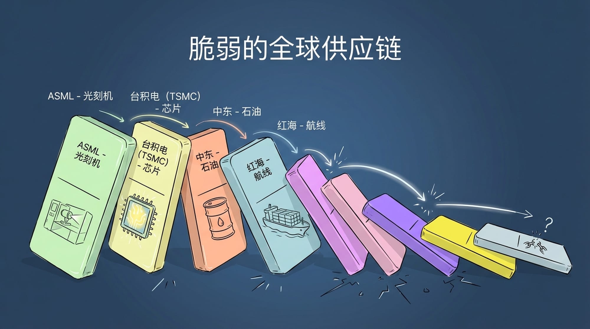 一个复杂而脆弱的全球供应链，描绘成多米诺骨牌效应，重点是微芯片、油桶和红海中的集装箱等关键瓶颈。