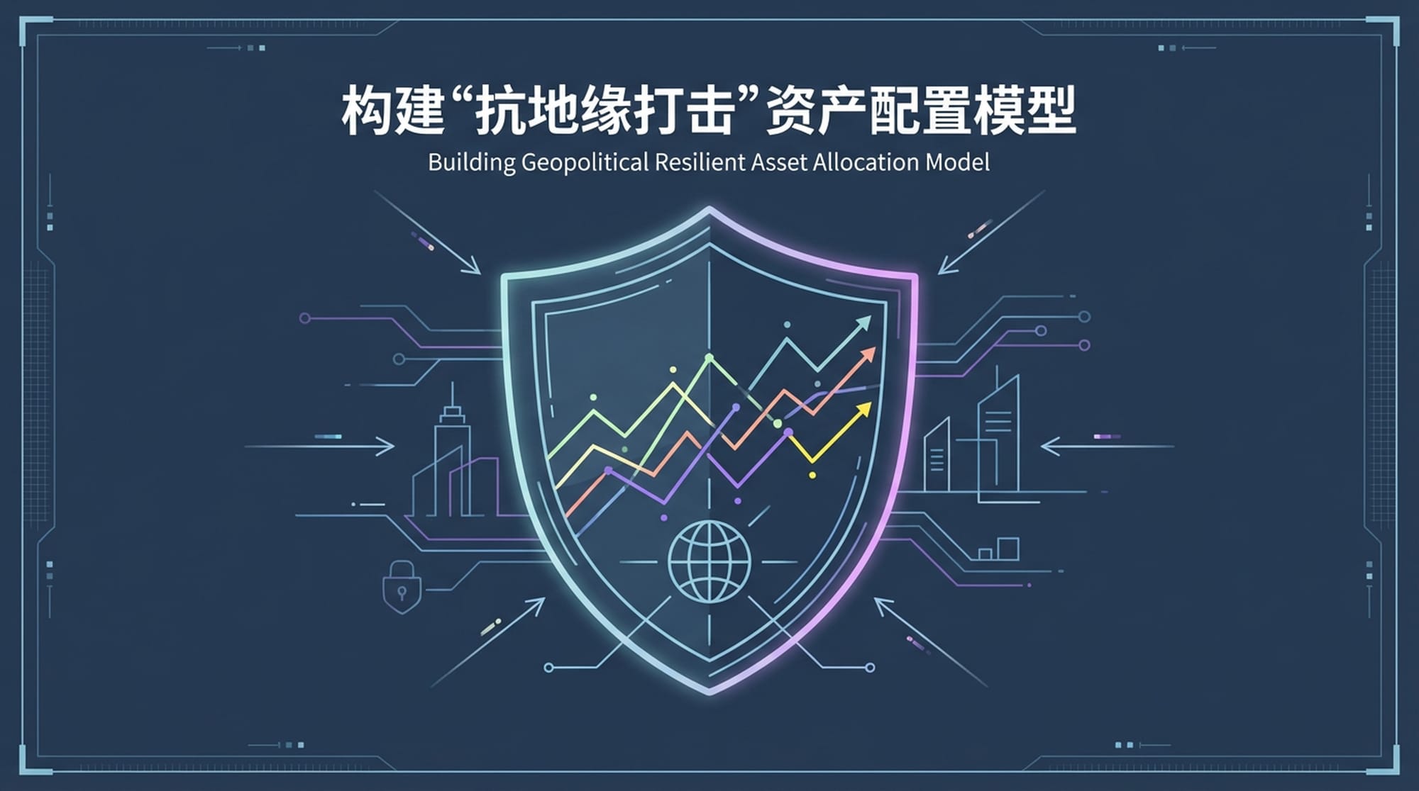 一个带有多元化投资组合图表的程式化军用级盾牌，象征着抵御地缘政治冲击的保护。