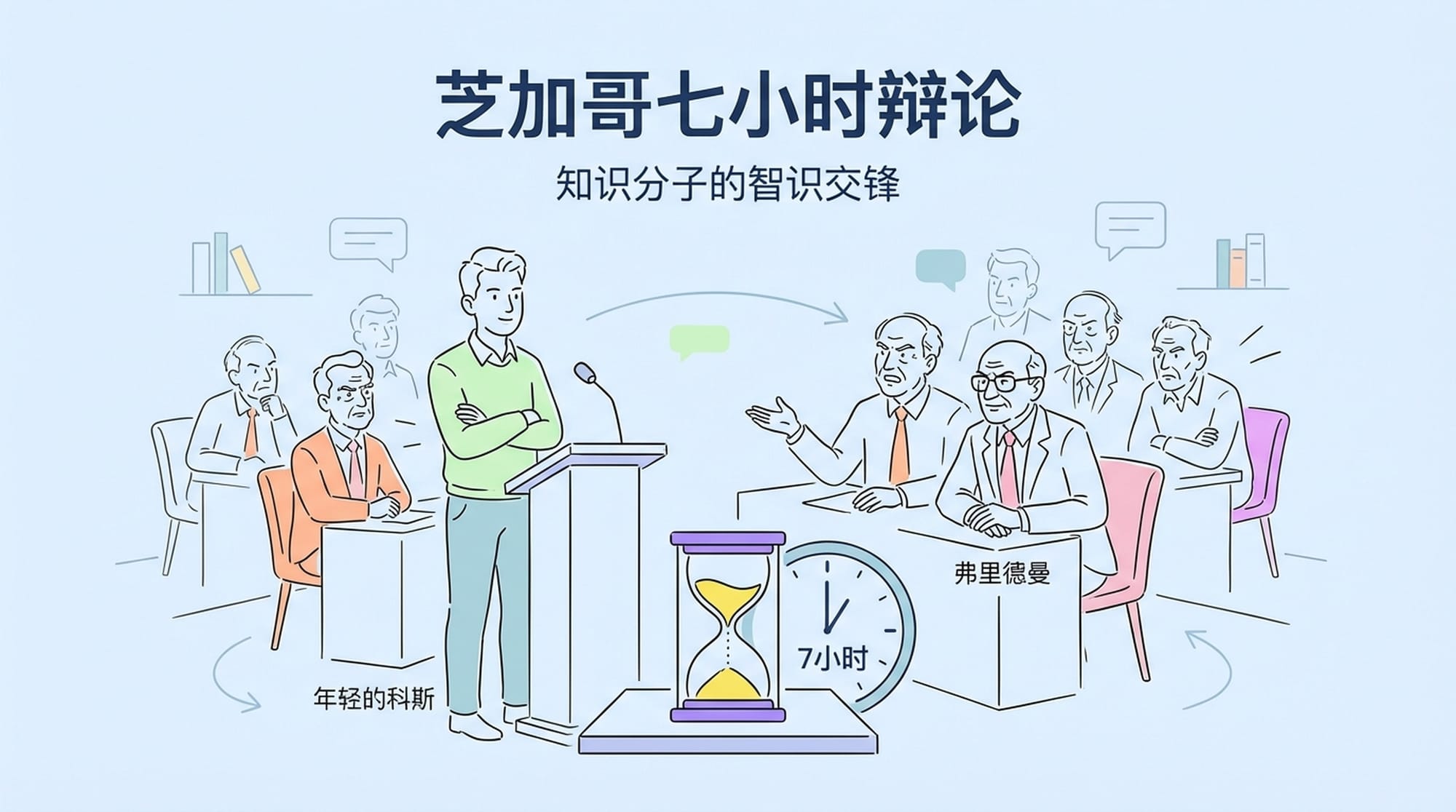 A tense intellectual debate scene, a young Coase standing calmly