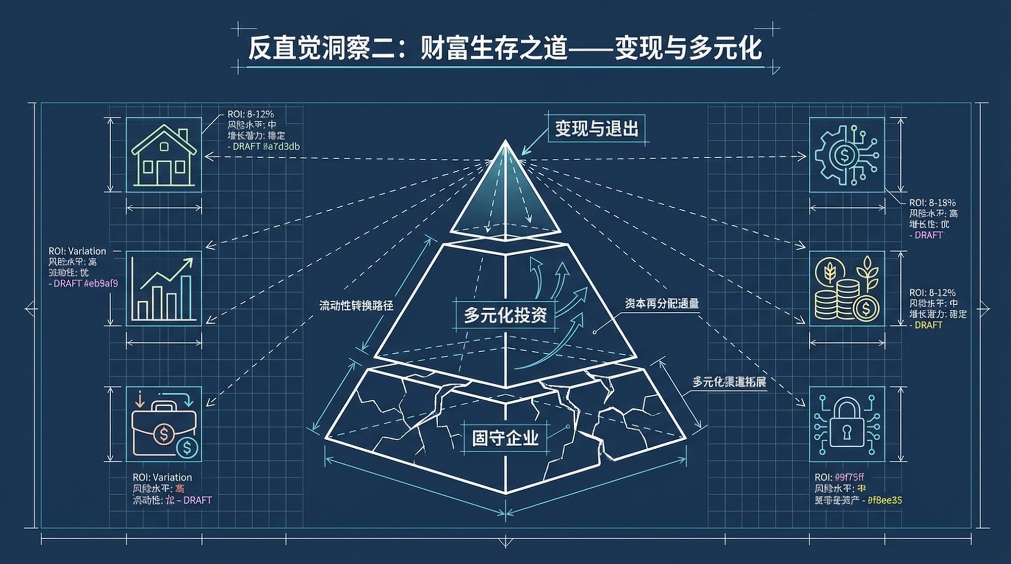 金字塔结构展示财富从固守到多元