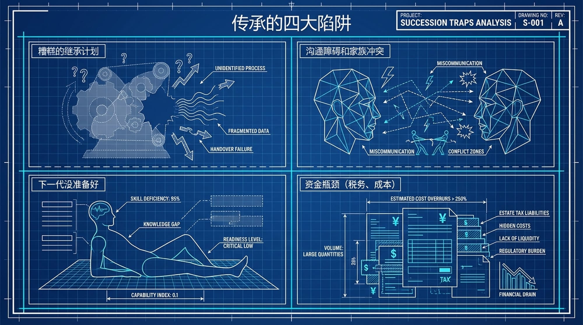 展示家族企业传承四大陷阱的四格漫画