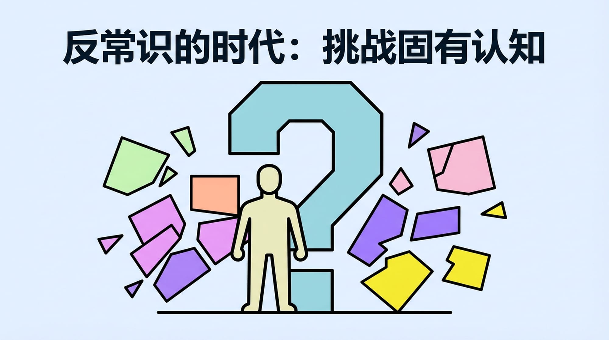 一个人站在巨大的问号前，周围是破碎的方块，象征着旧有的“常识”被打破。色彩对比强烈，展现思考与突破的主题。