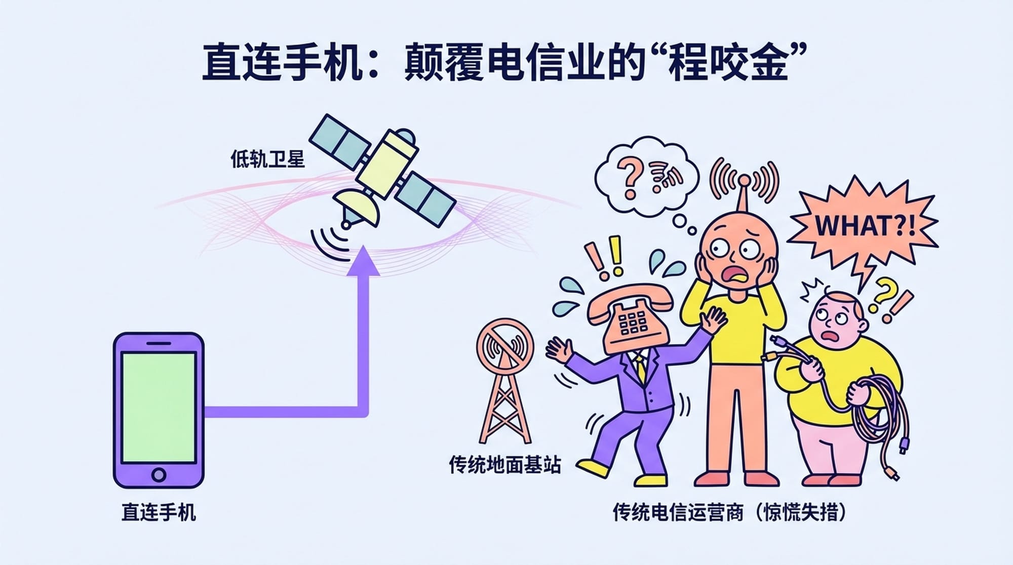 一个手机图标，直接连接到天上的卫星，绕过了地面基站和光纤。周围是惊讶的传统电信运营商卡通形象。色彩明亮，富有冲击力。