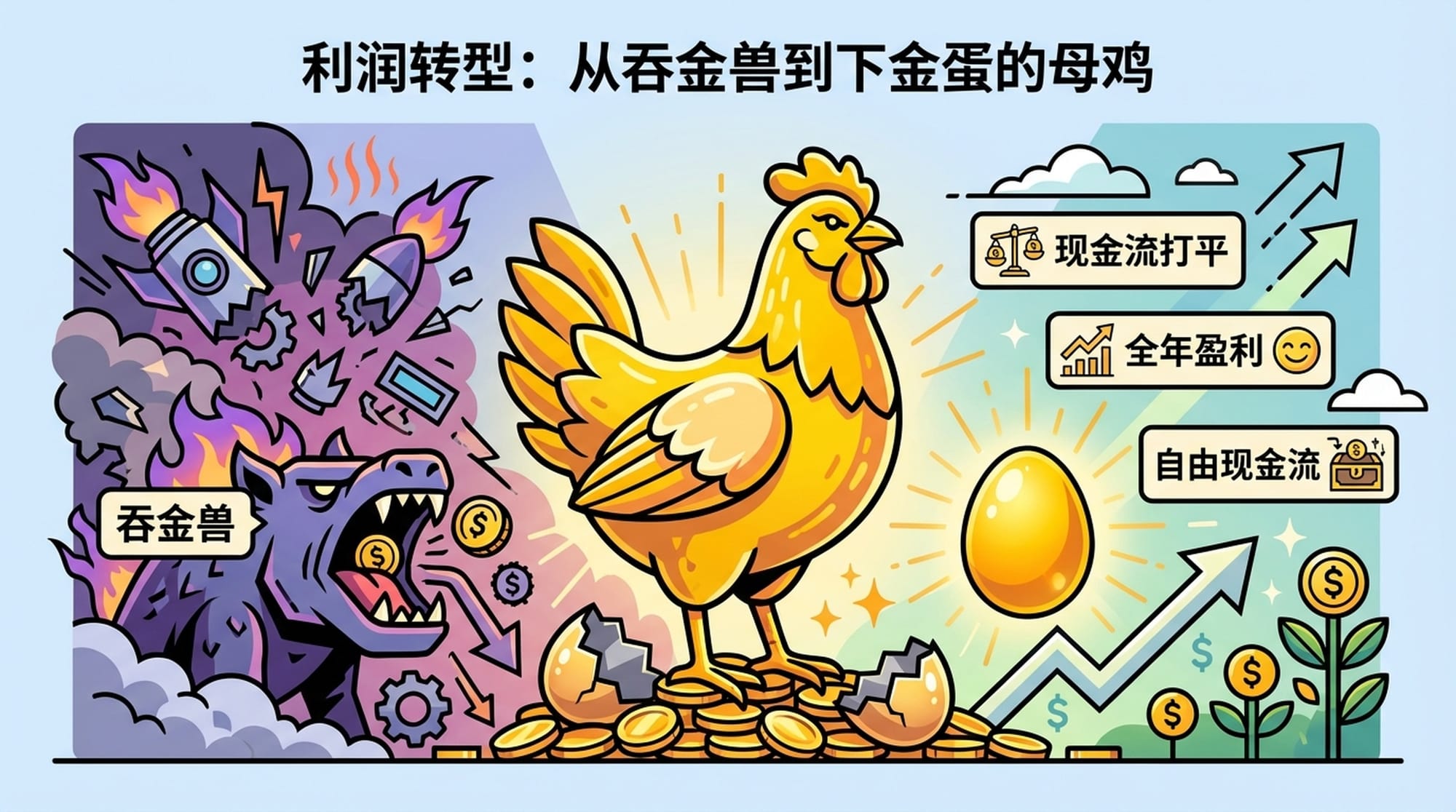 一只巨大的、闪耀的金色母鸡站在一堆火箭碎片上，象征星链从烧钱到盈利的转变。背景从黑暗燃烧到明亮。